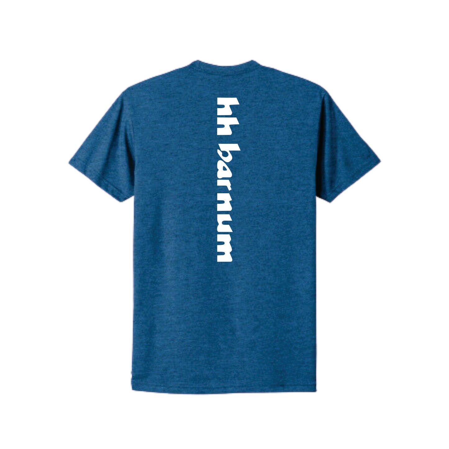 Blue t-shirt with 'hh barnum' printed vertically on the back.