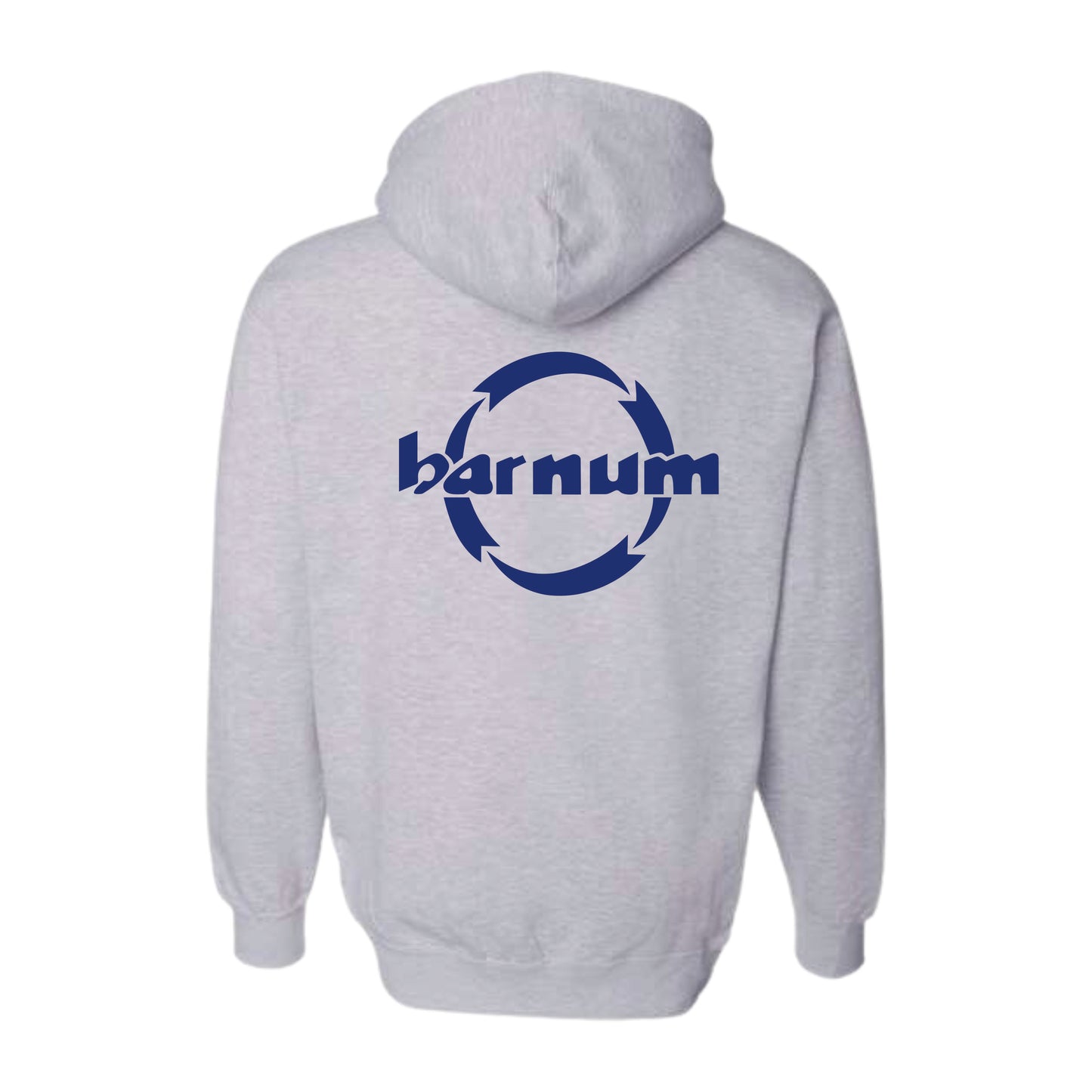 Gray hoodie featuring a circular logo and the word 'barnum' on the back