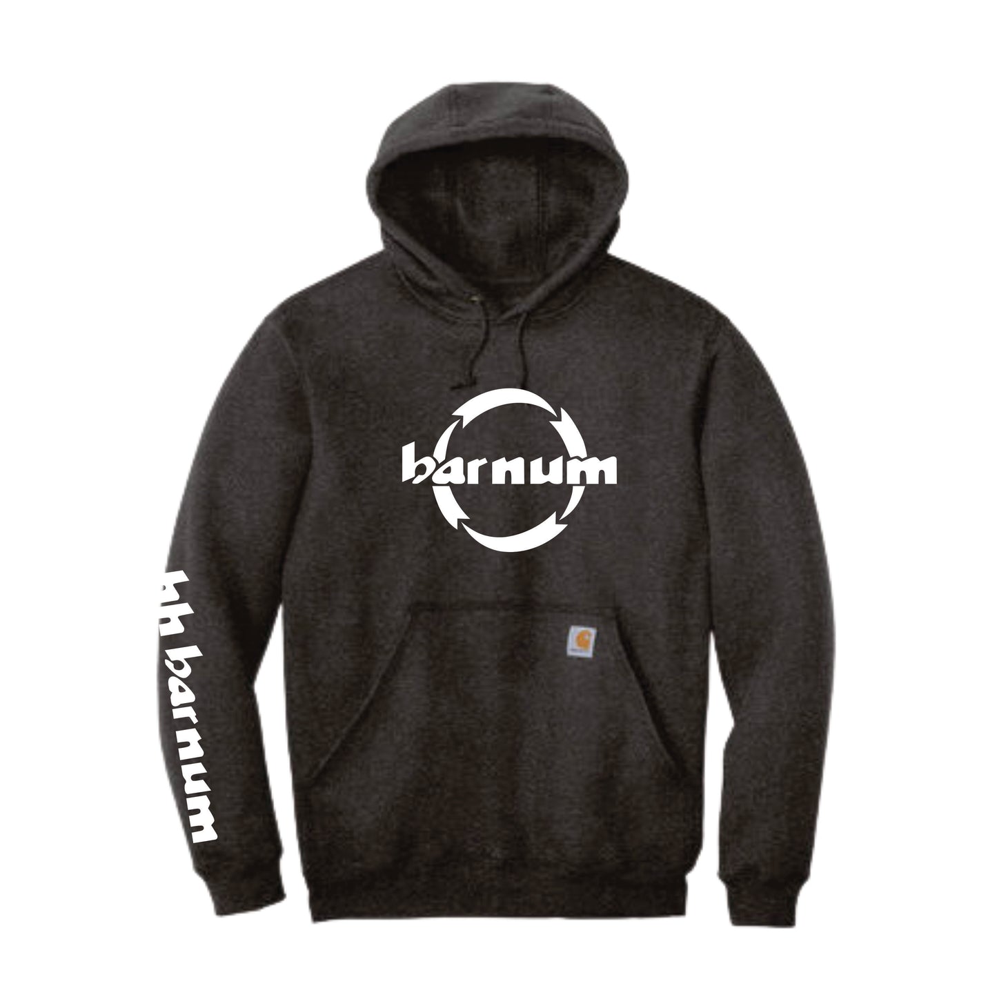 Black hooded sweatshirt with 'barnum' logo on the front and sleeve.