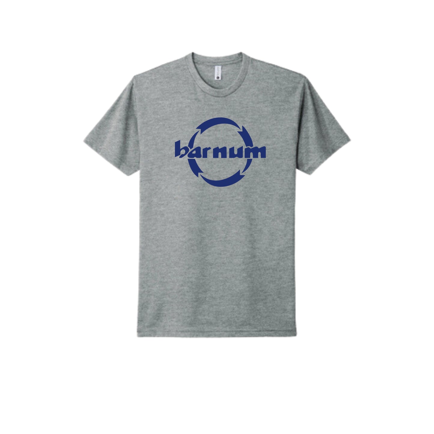 Gray t-shirt featuring a blue 'barnum' logo