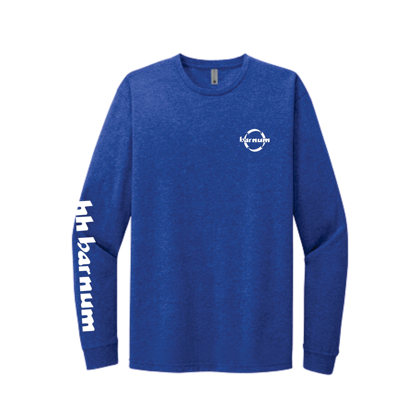 Royal blue long-sleeve shirt with a logo on the chest and white text on the sleeve.