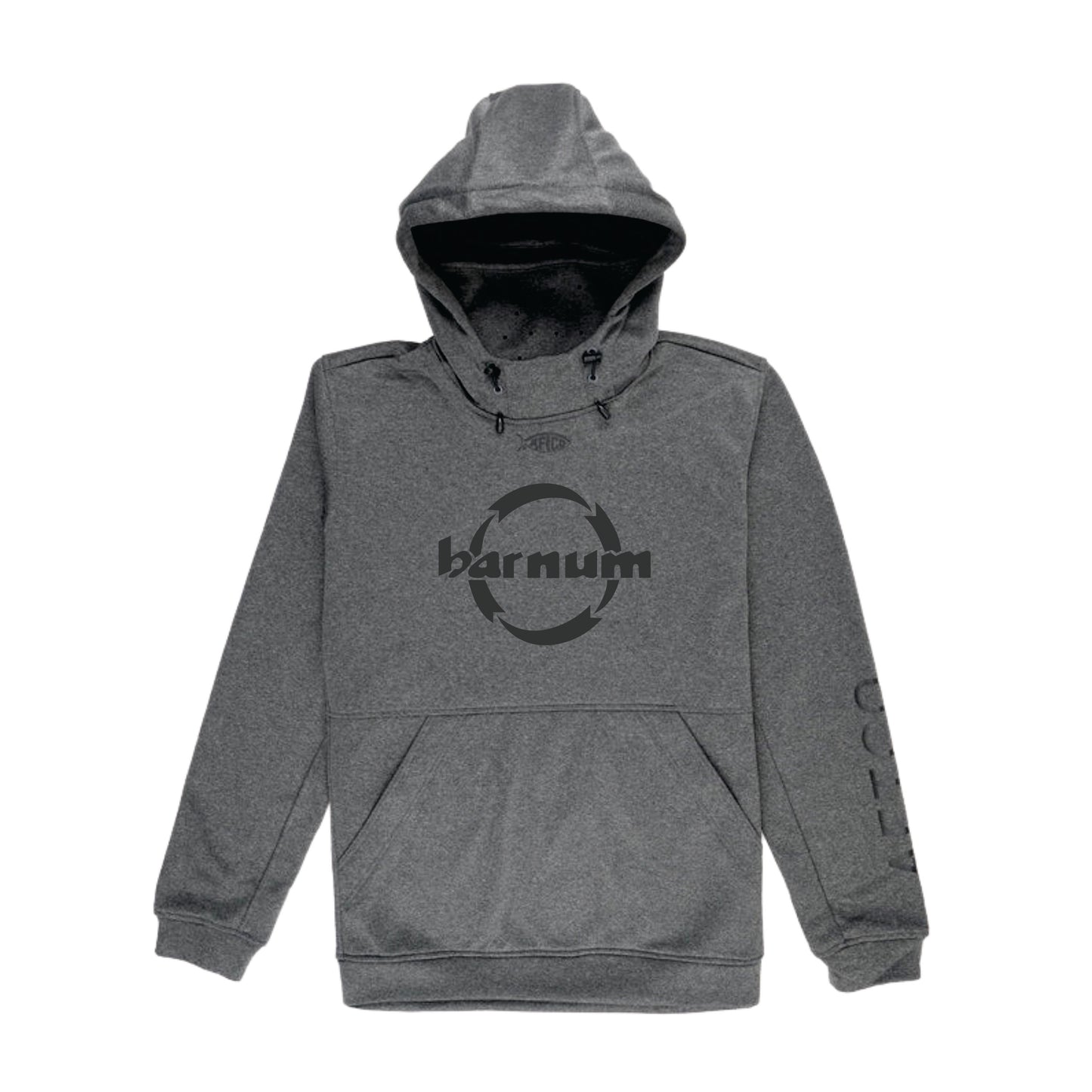 Gray hoodie with a logo featuring the word 'barnum' in the center.