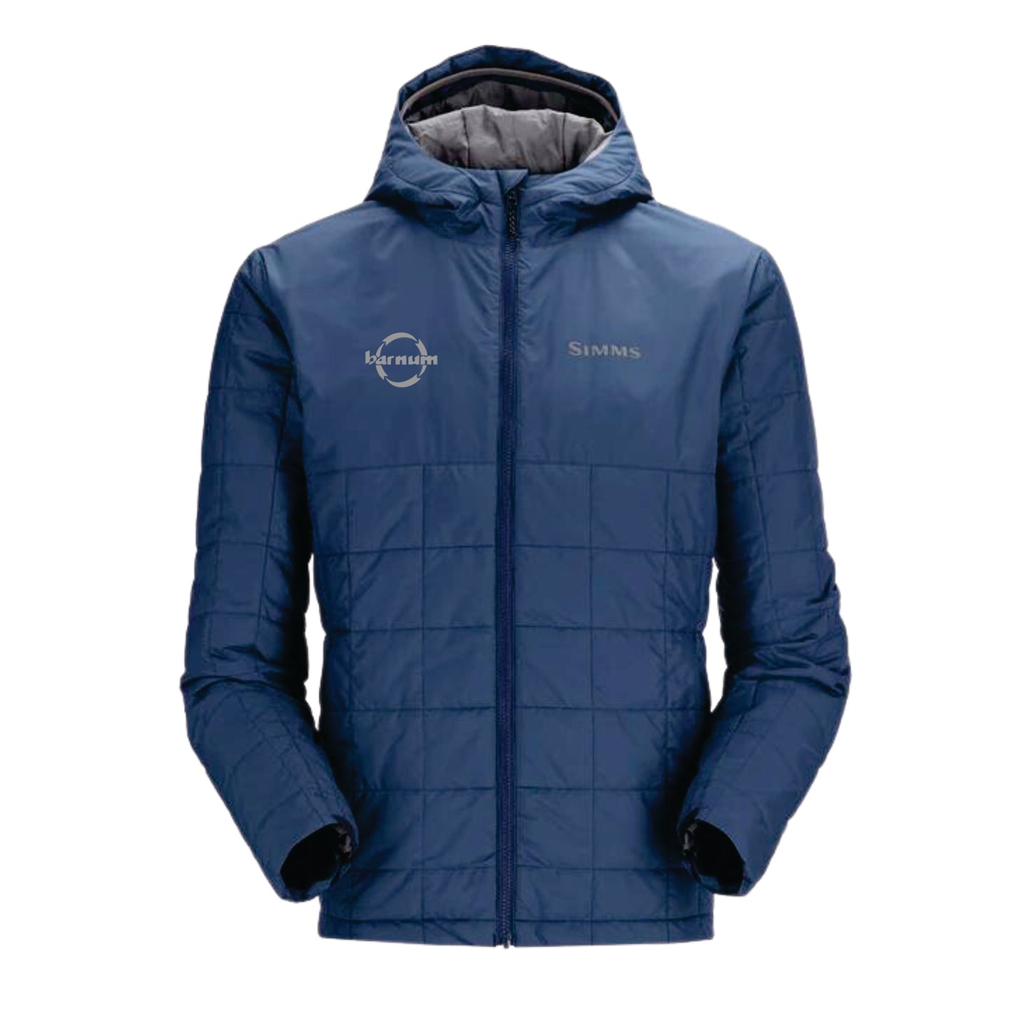 Navy blue insulated jacket with a hood, featuring a logo on the chest.