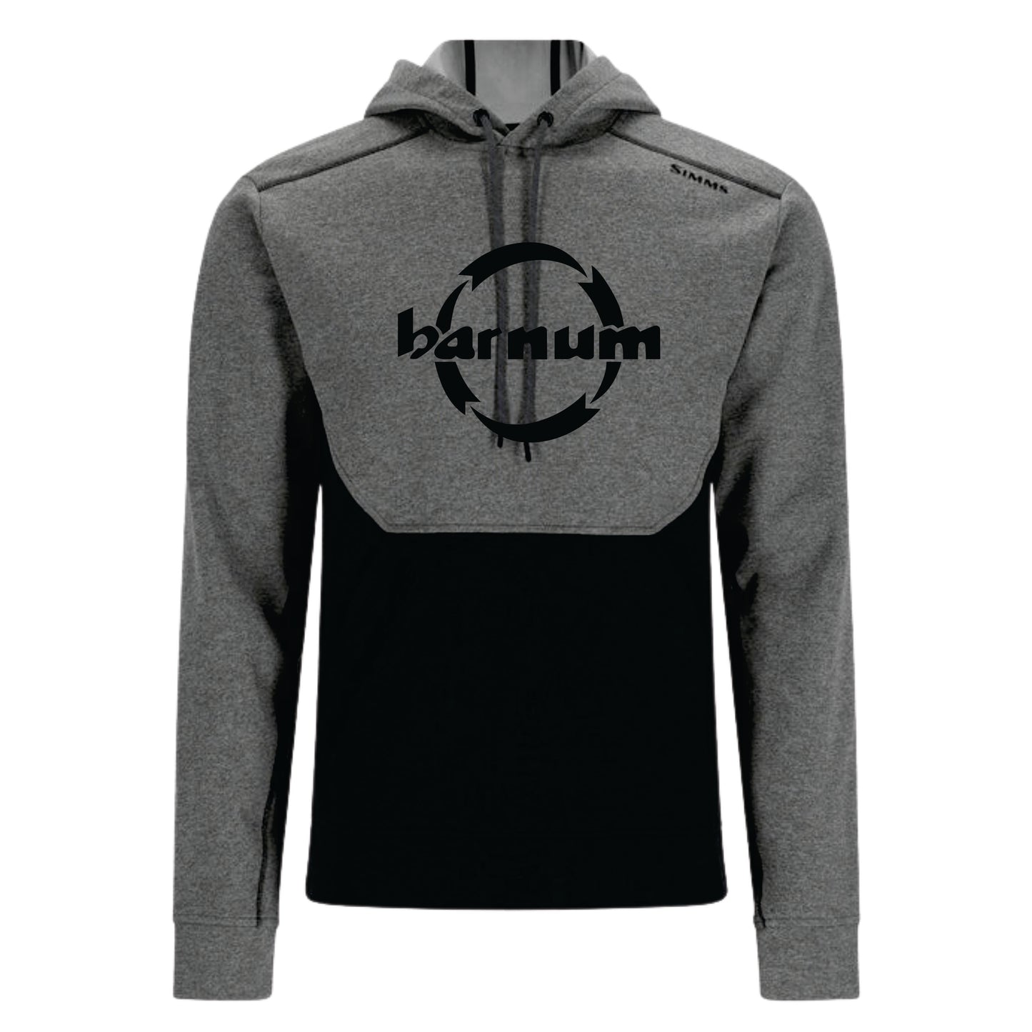 Gray and black hoodie with 'barnum' logo on the front.