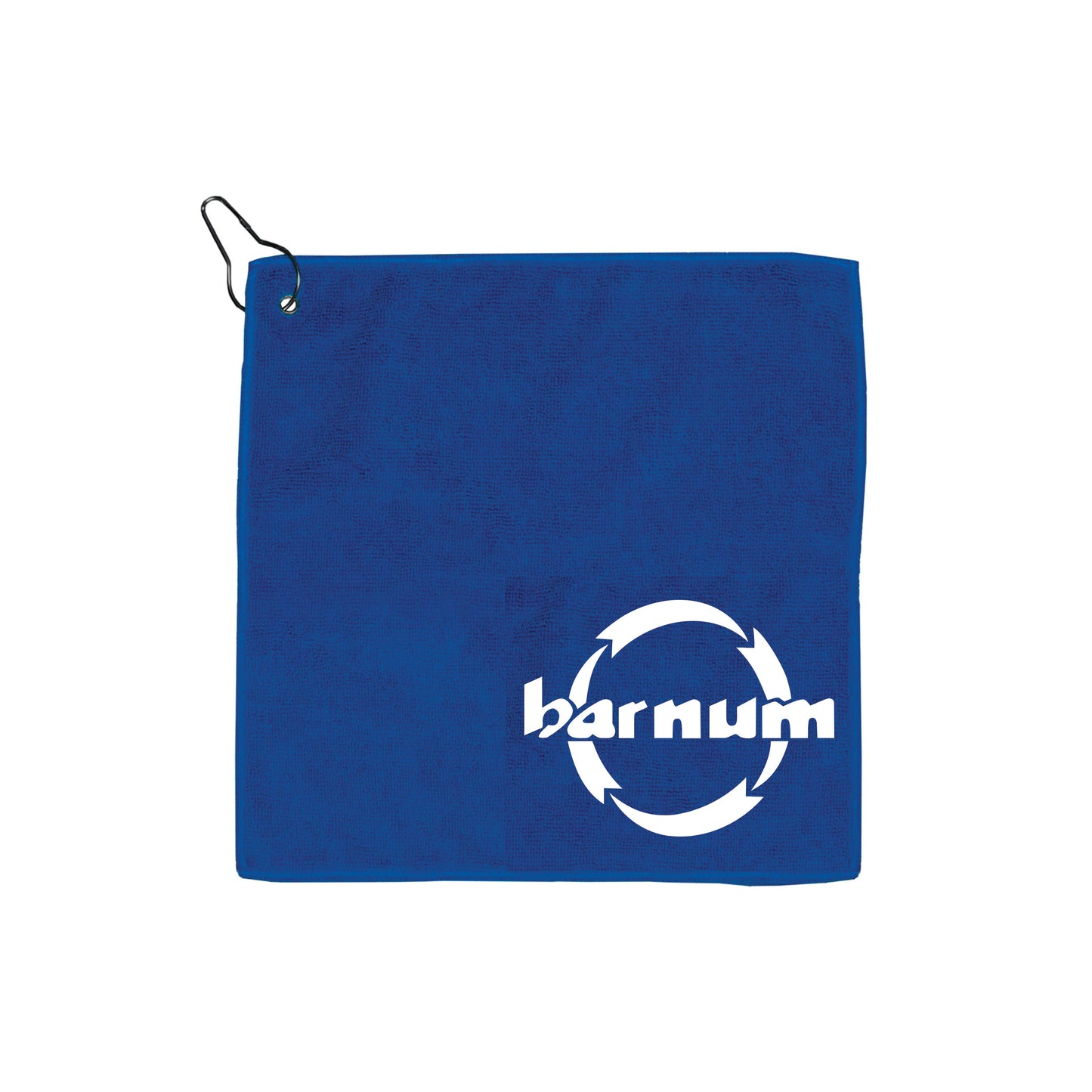 Blue cloth with a circular logo and the word 'barnum' printed on it