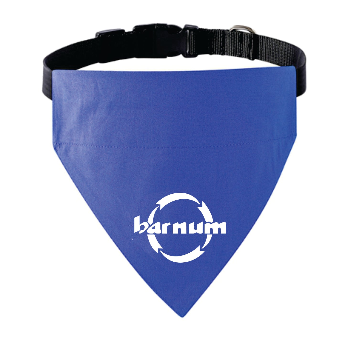 Blue pet bandana with adjustable strap and 'barnum' logo