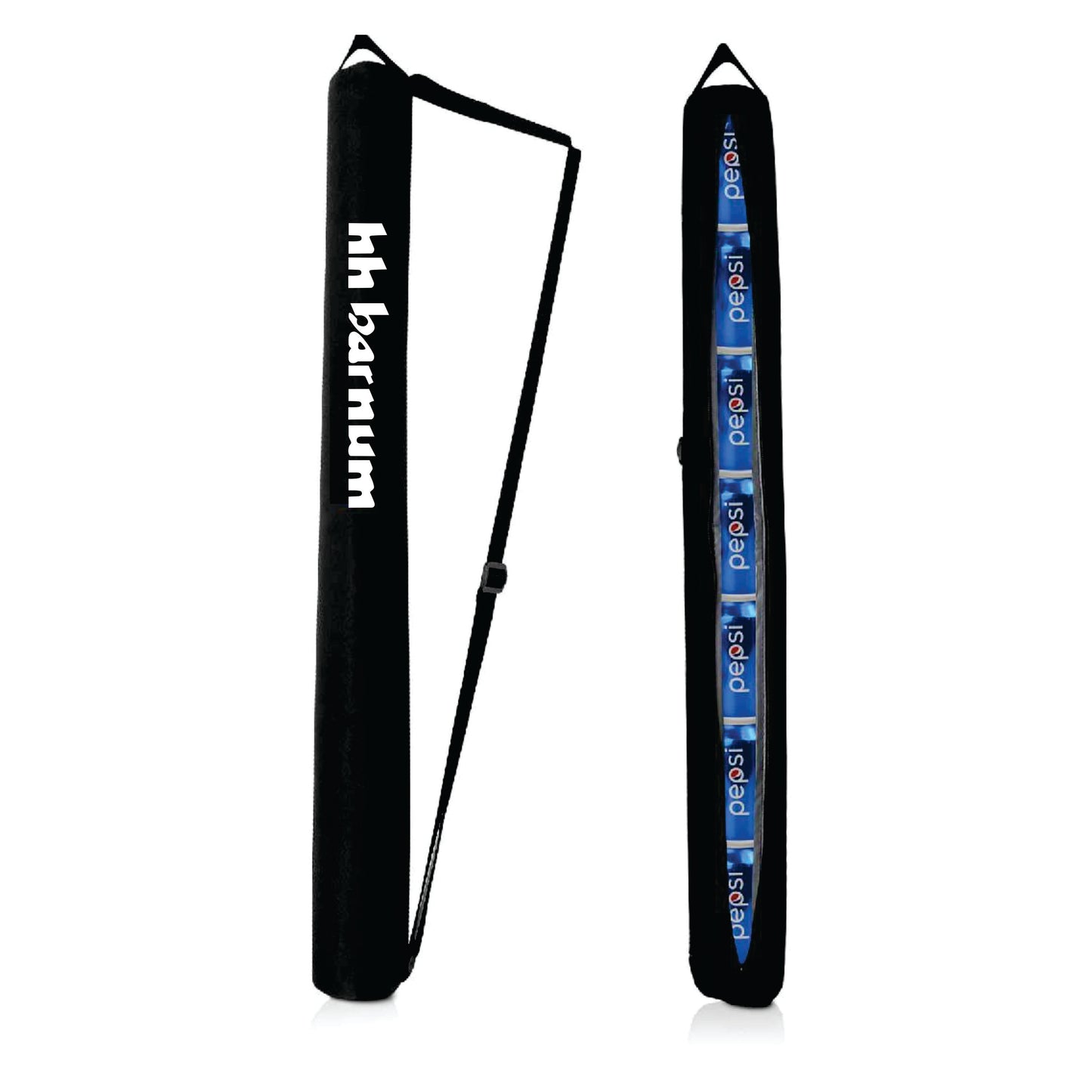 A black carrying case with a shoulder strap, featuring a logo and a colorful inner lining.