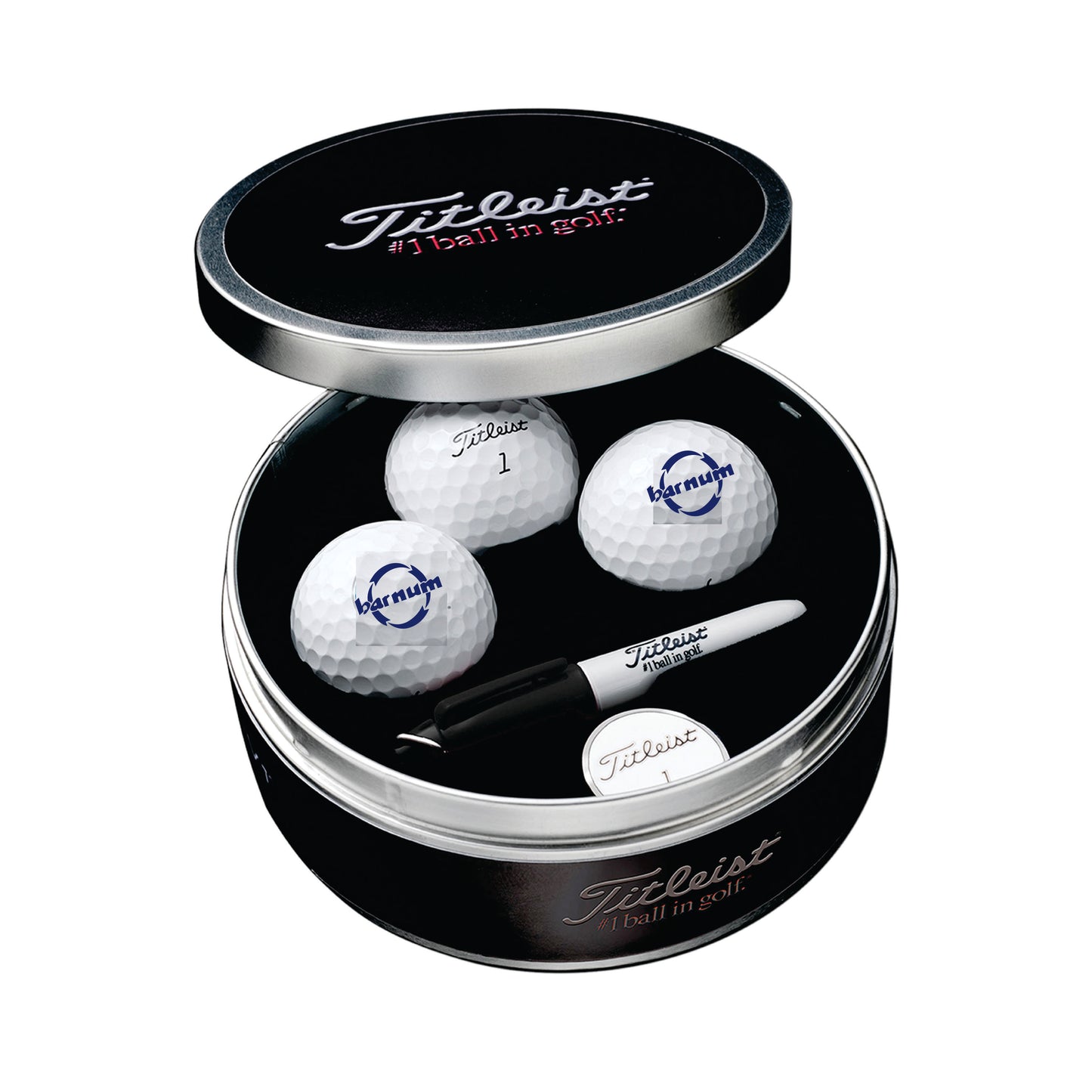 A round tin containing three golf balls and a marker, branded with the Titleist logo.