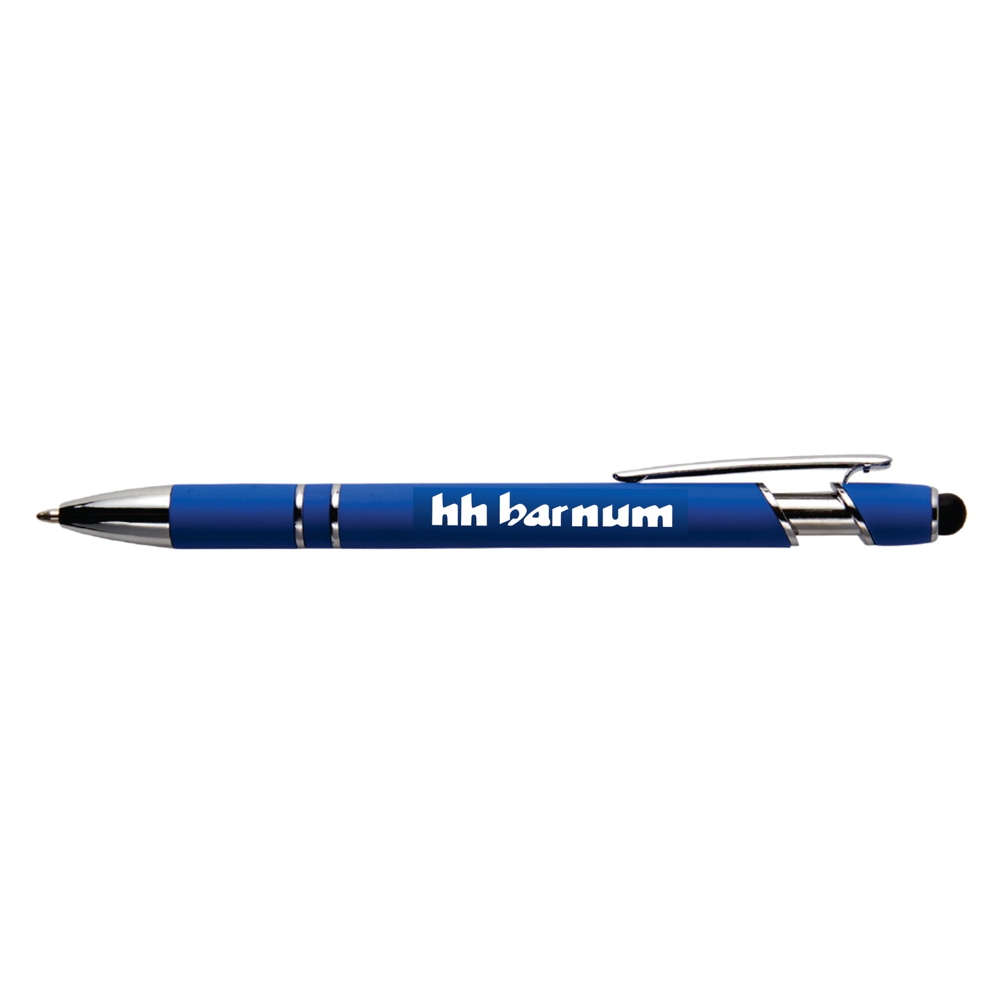 A blue ballpoint pen with a silver clip and the text 'hh barnum' printed on the side.