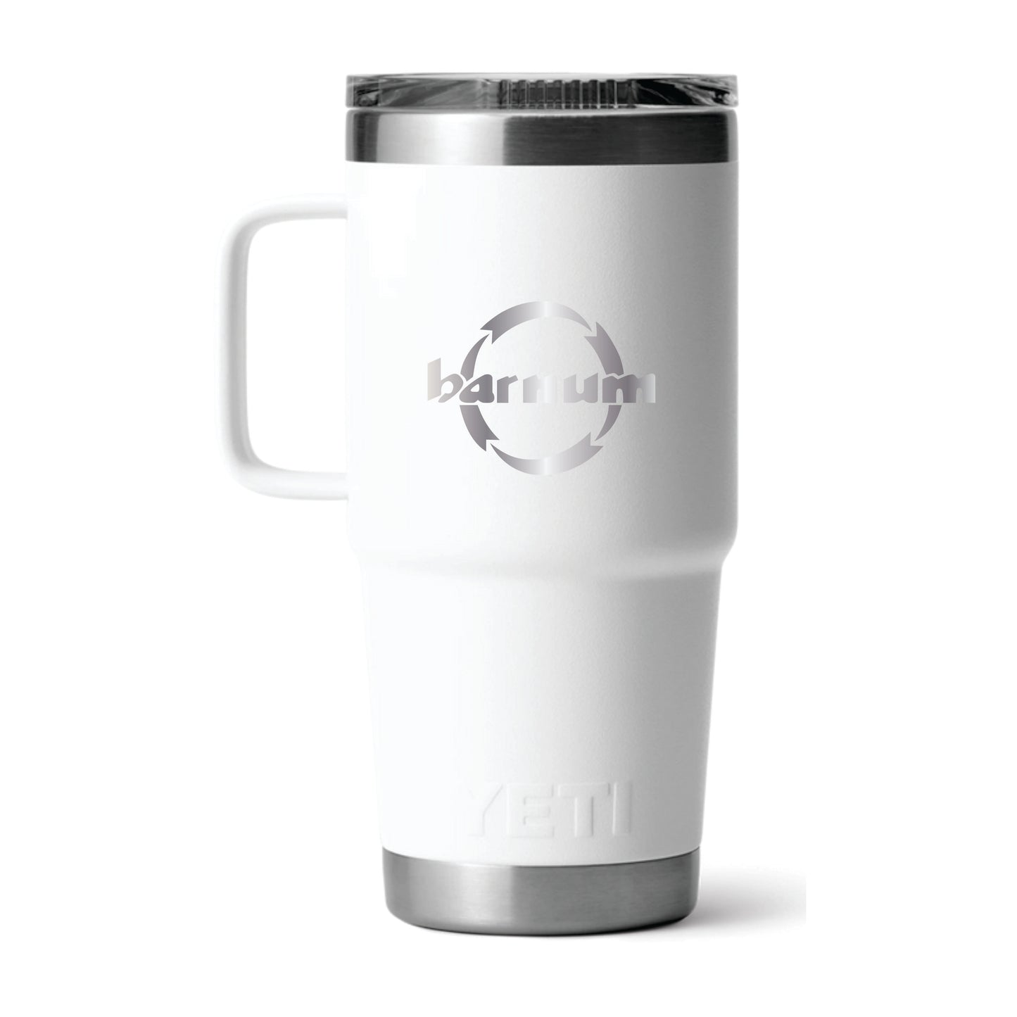 Insulated white travel mug with a stainless steel lid and handle, featuring a logo.