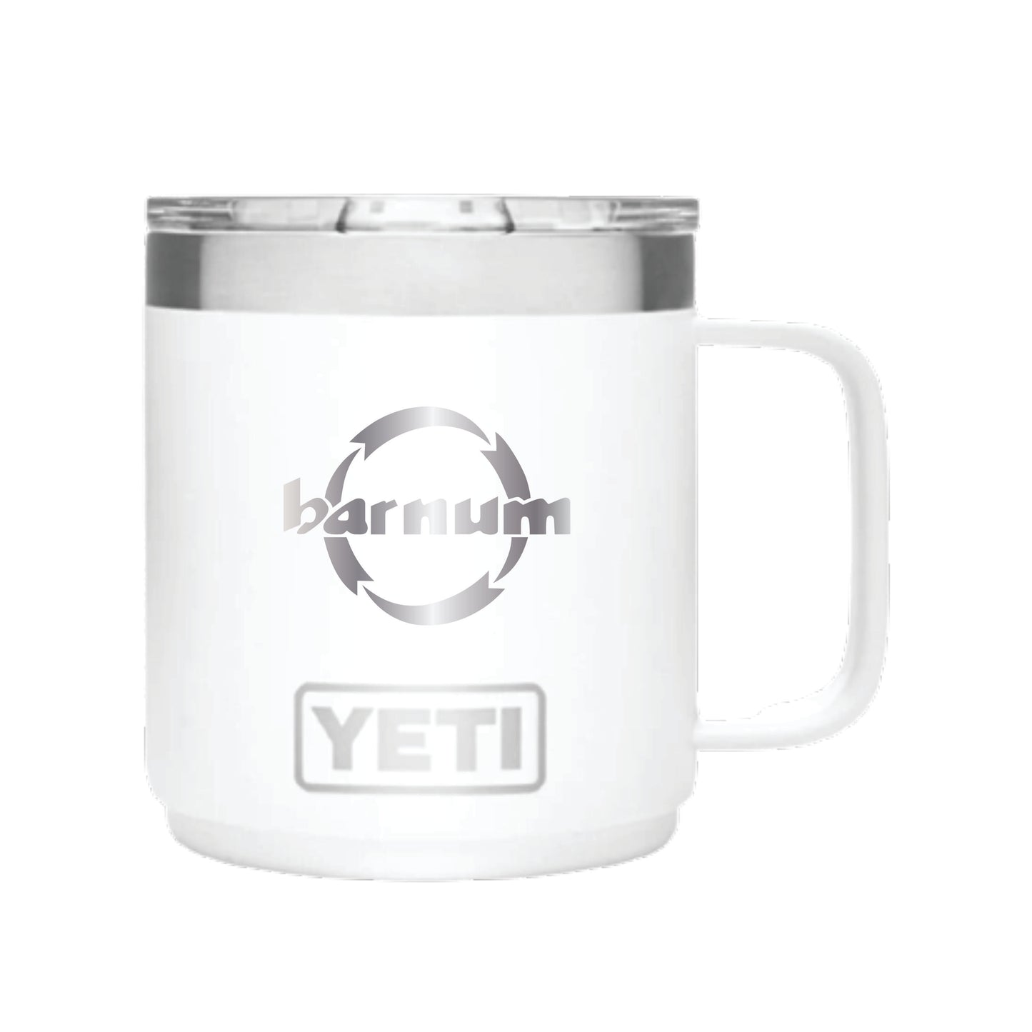 White YETI mug with a silver logo and handle