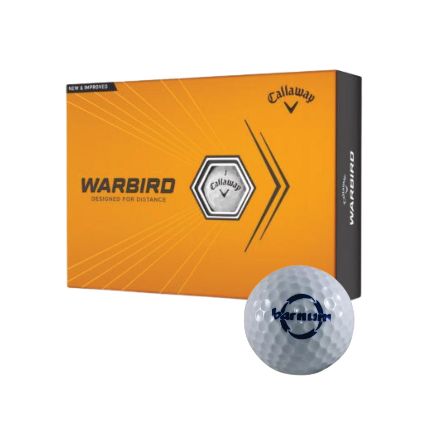 Box of Callaway Warbird golf balls with one ball in front.