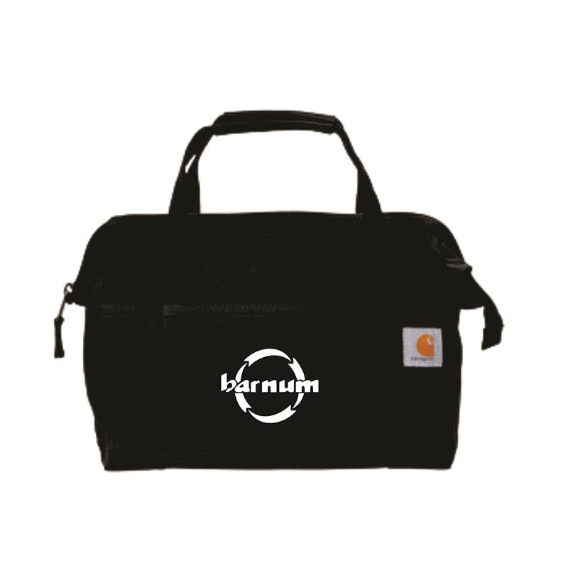 Black messenger bag with logo and handles.