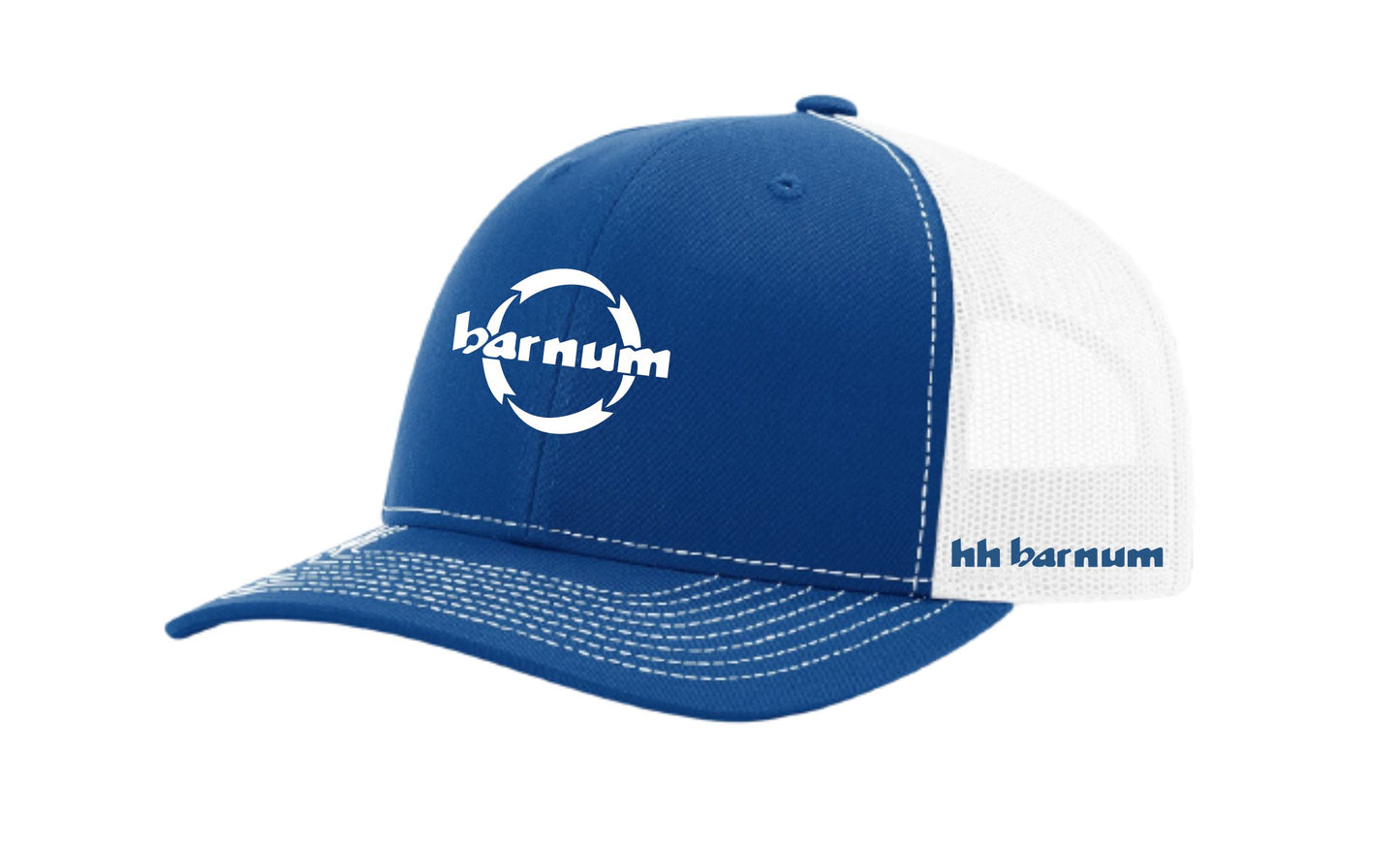 Blue and white trucker hat with 'barnum' logo
