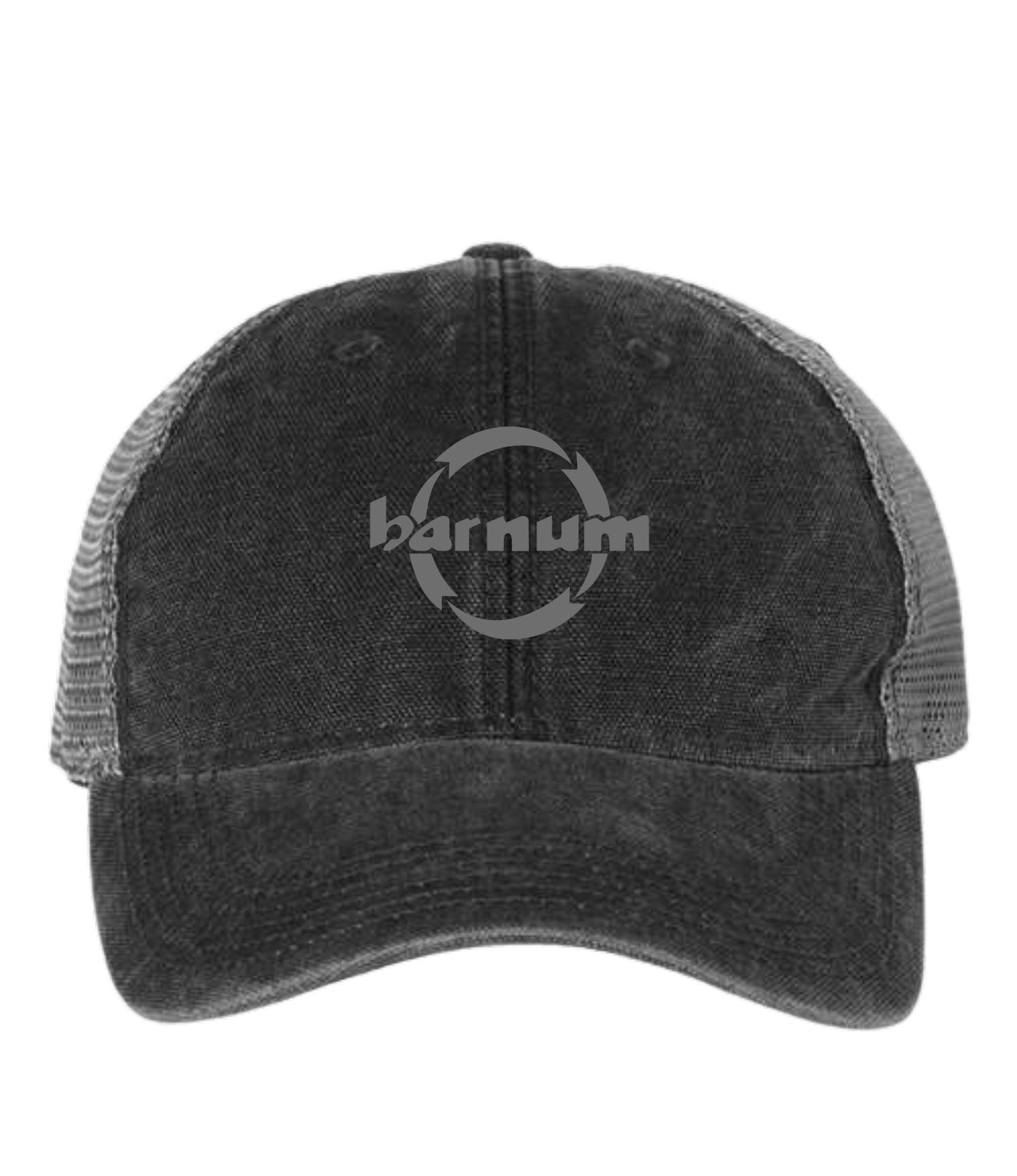 Black baseball cap with a grey mesh back and 'barnum' logo