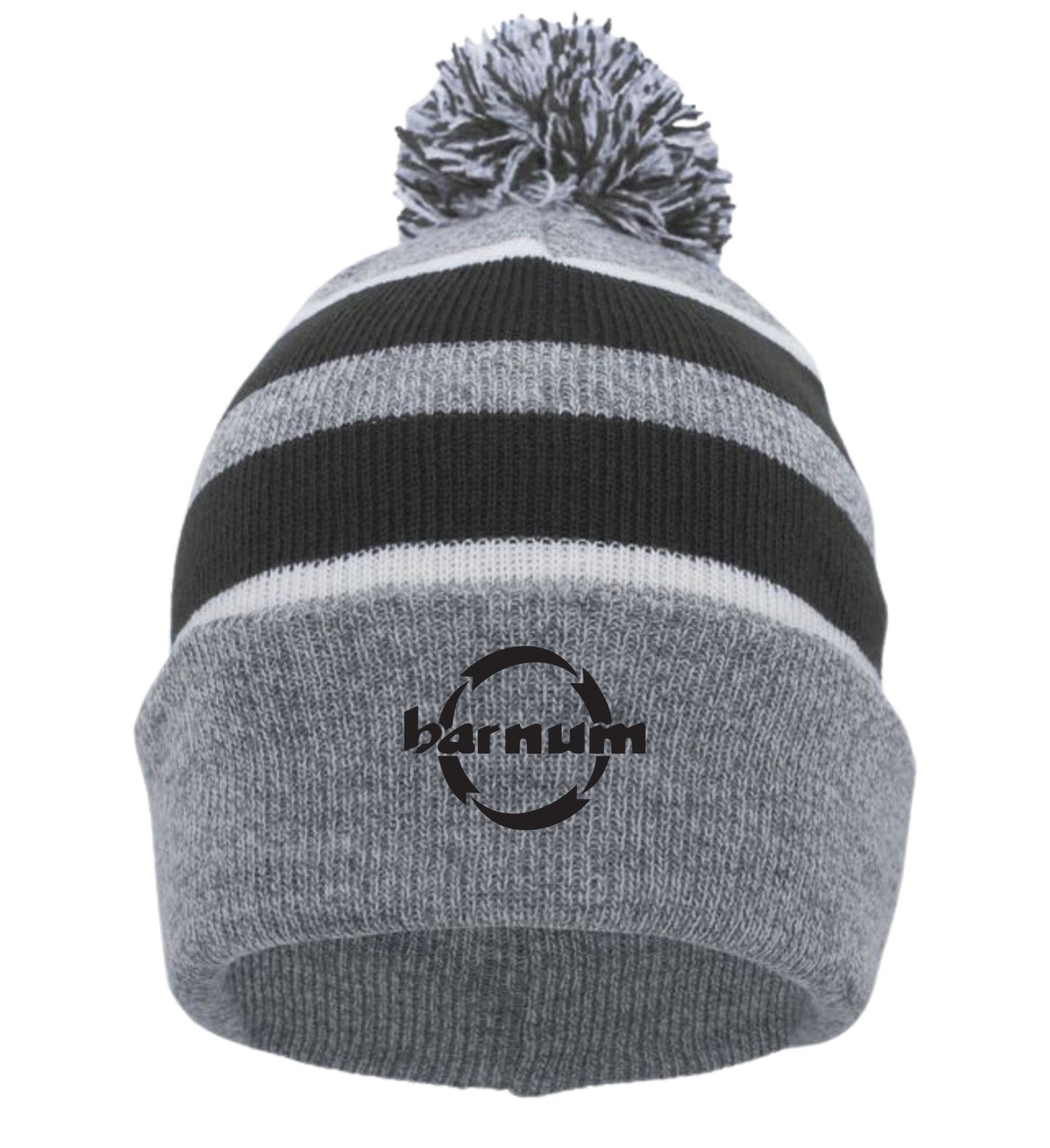 Gray and black striped beanie hat with a pom-pom and a logo on the front