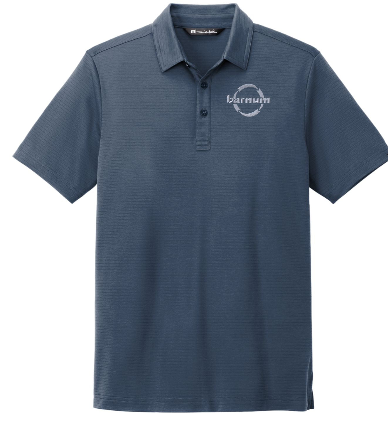 Dark blue polo shirt with a logo on the chest