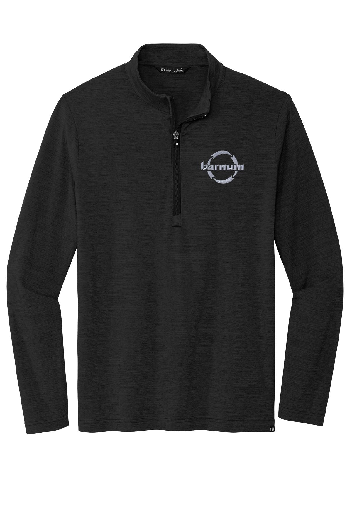 Long-sleeve black pullover with a half-zip and logo on the chest