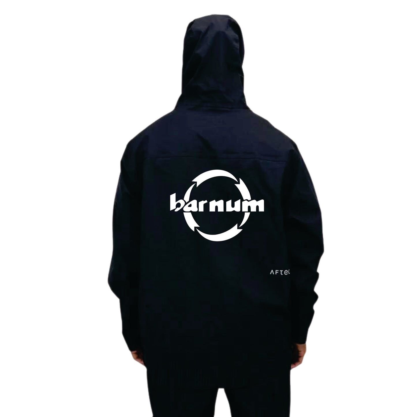 Person wearing a black hoodie with the word 'barnum' and a circular design on the back.