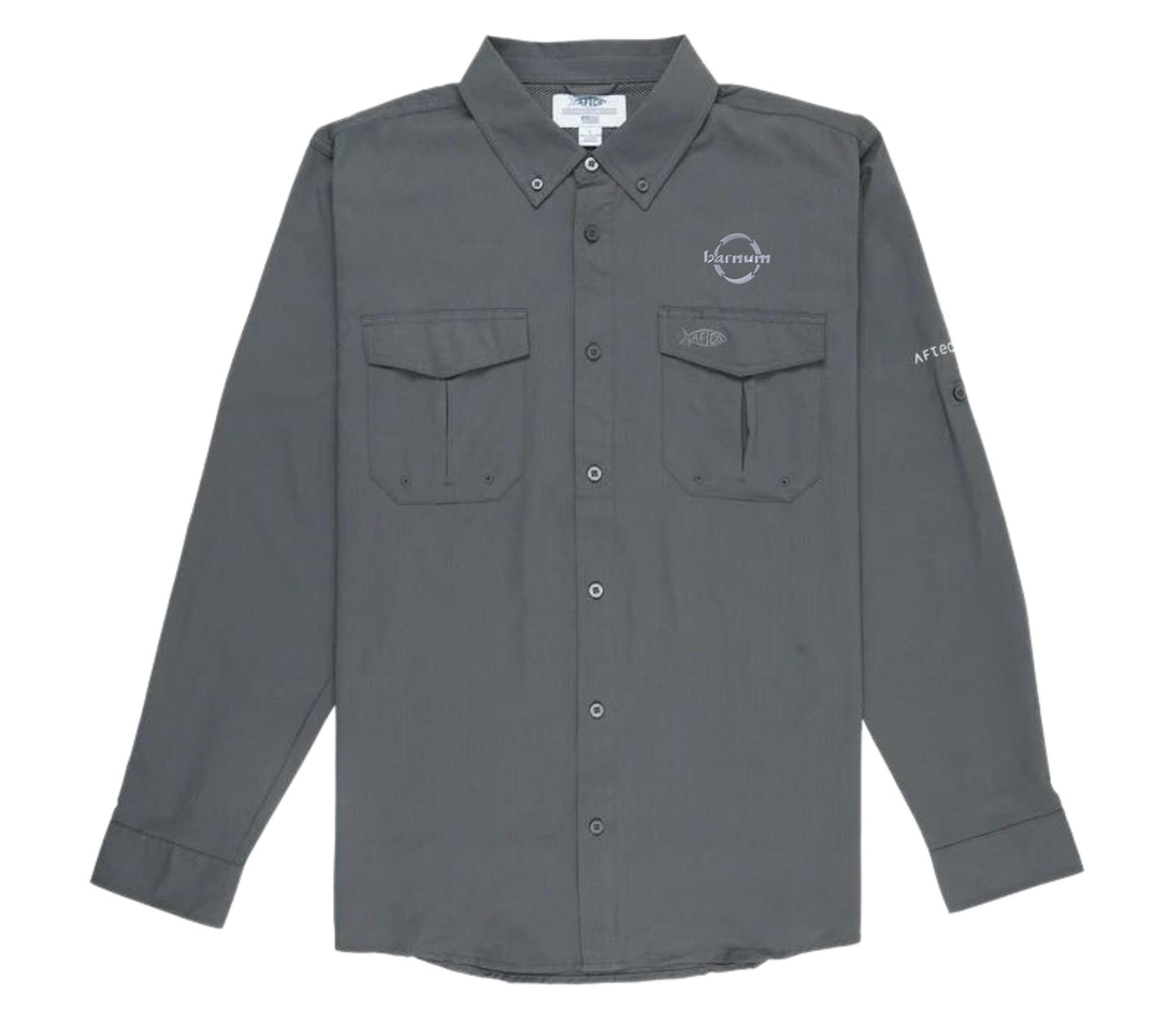 Gray long-sleeve shirt with two chest pockets and logos