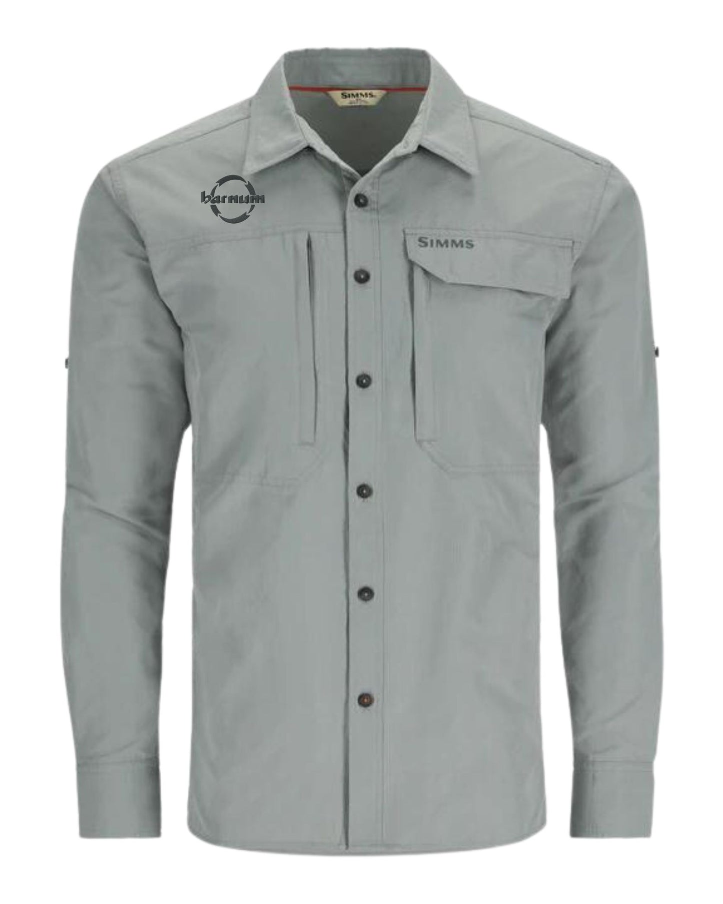 Light gray long-sleeve fishing shirt with multiple front pockets and button closure.