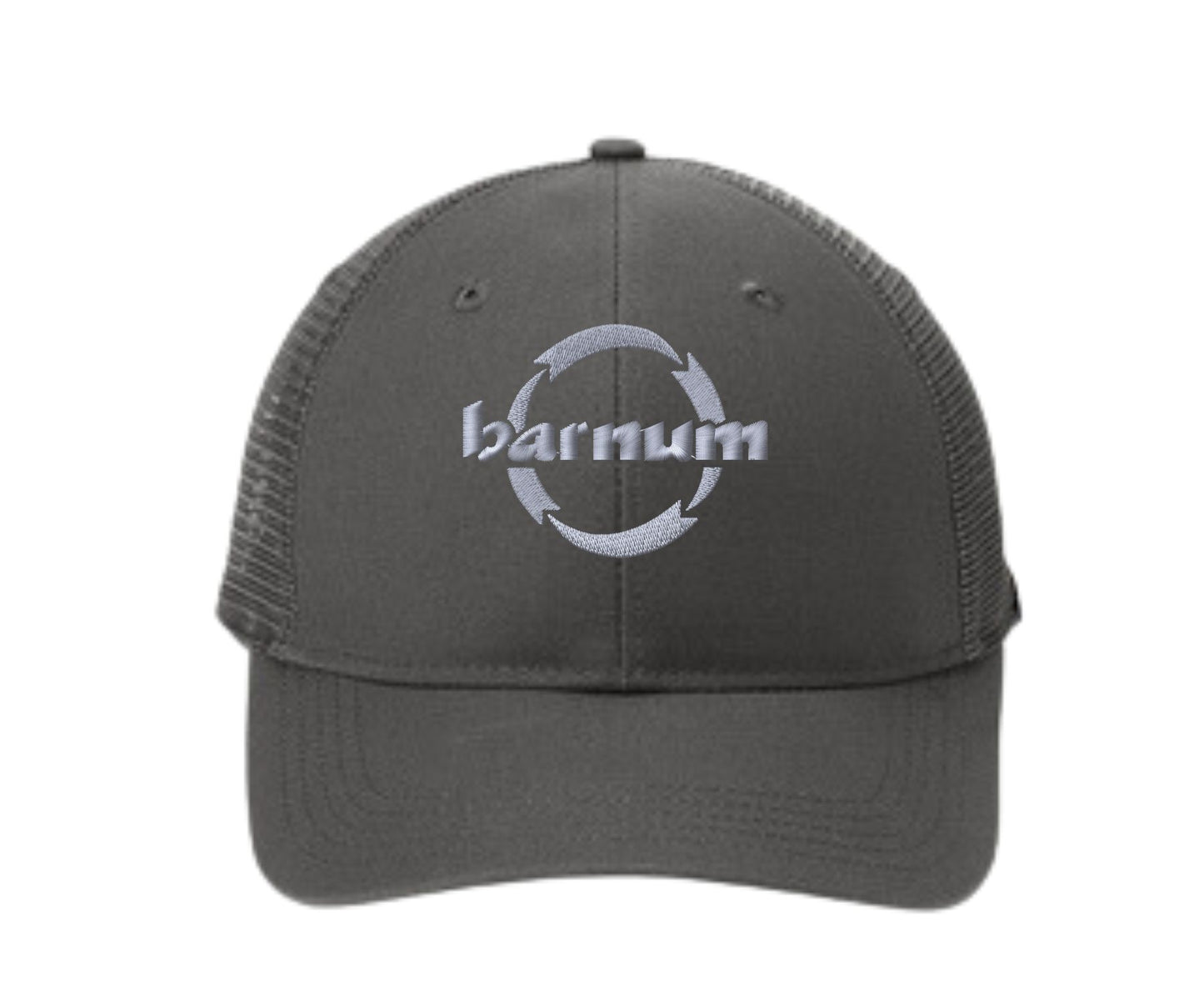 A gray baseball cap featuring the word 'barnum' and a circular logo.