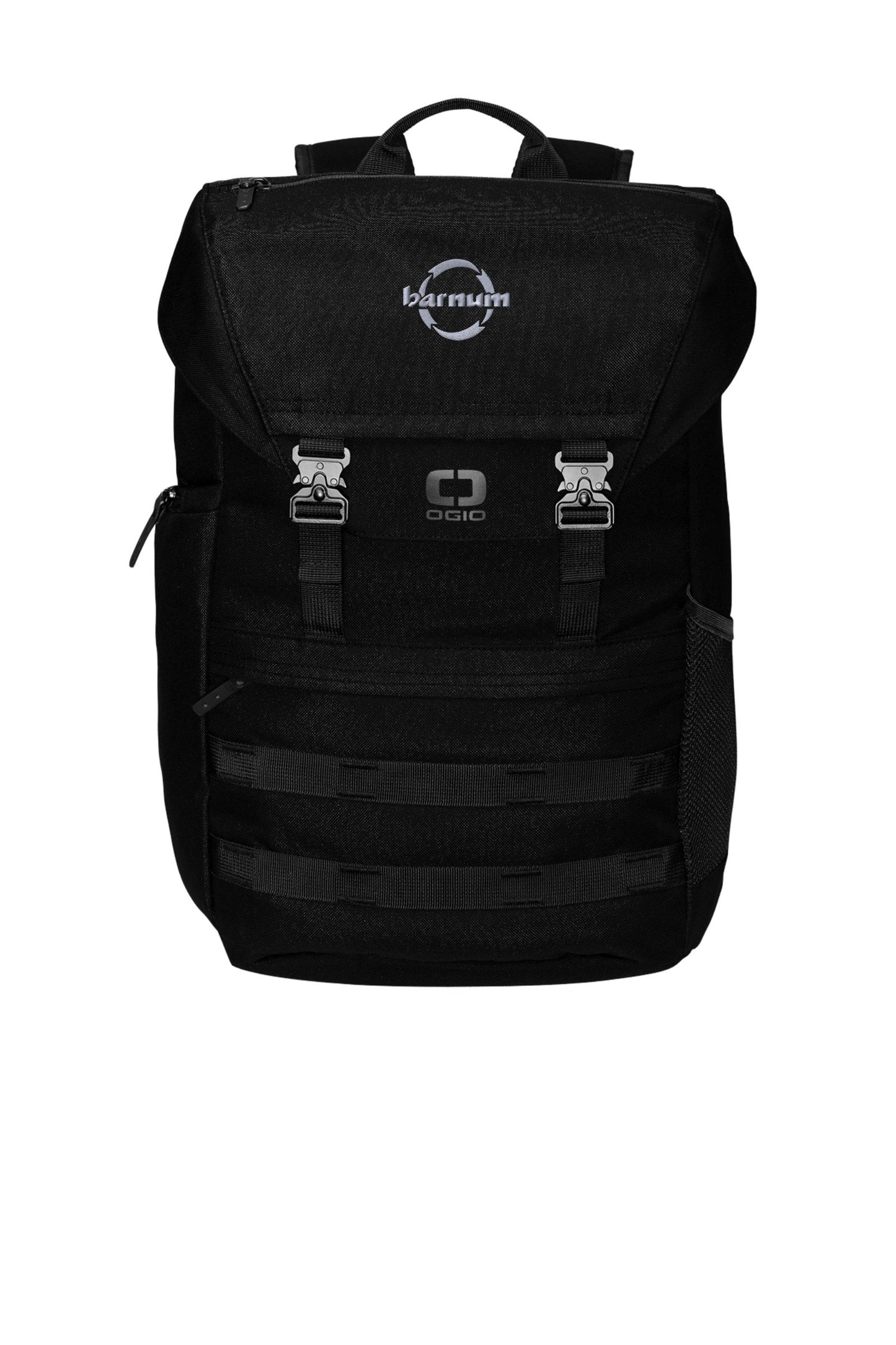 Black backpack with logo and buckle closures