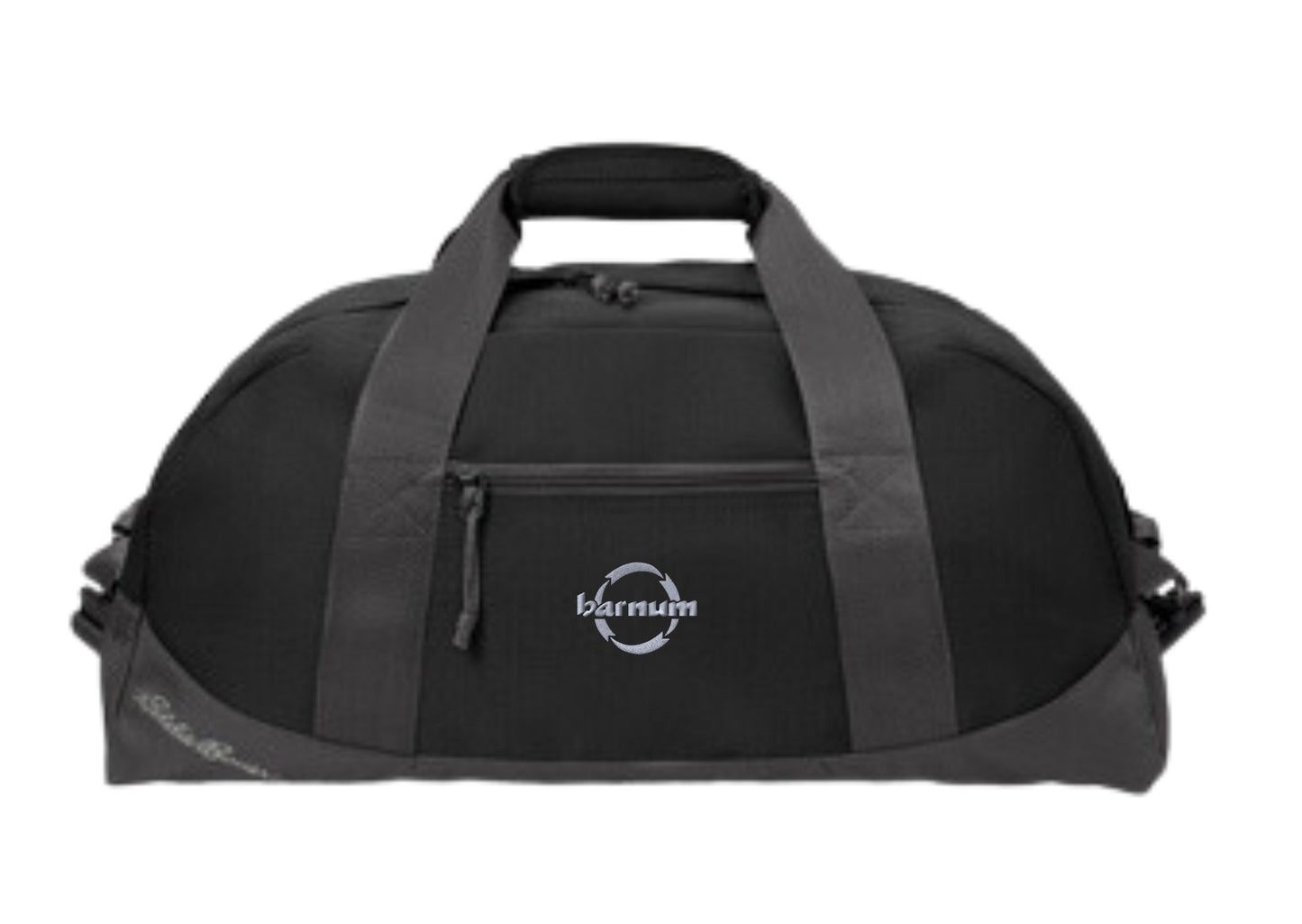 A black duffel bag with a logo on the side and a zippered pocket.