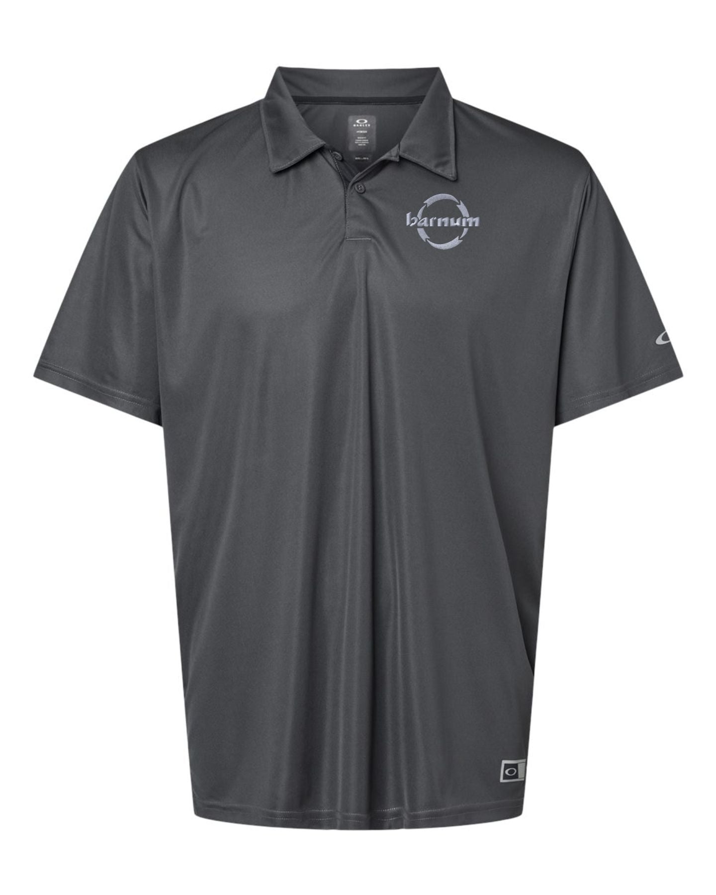 Gray polo shirt with a logo on the chest