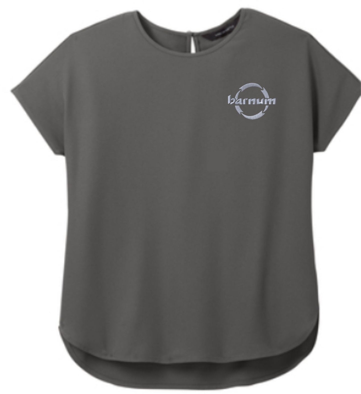 Gray short-sleeve top with a logo on the front.