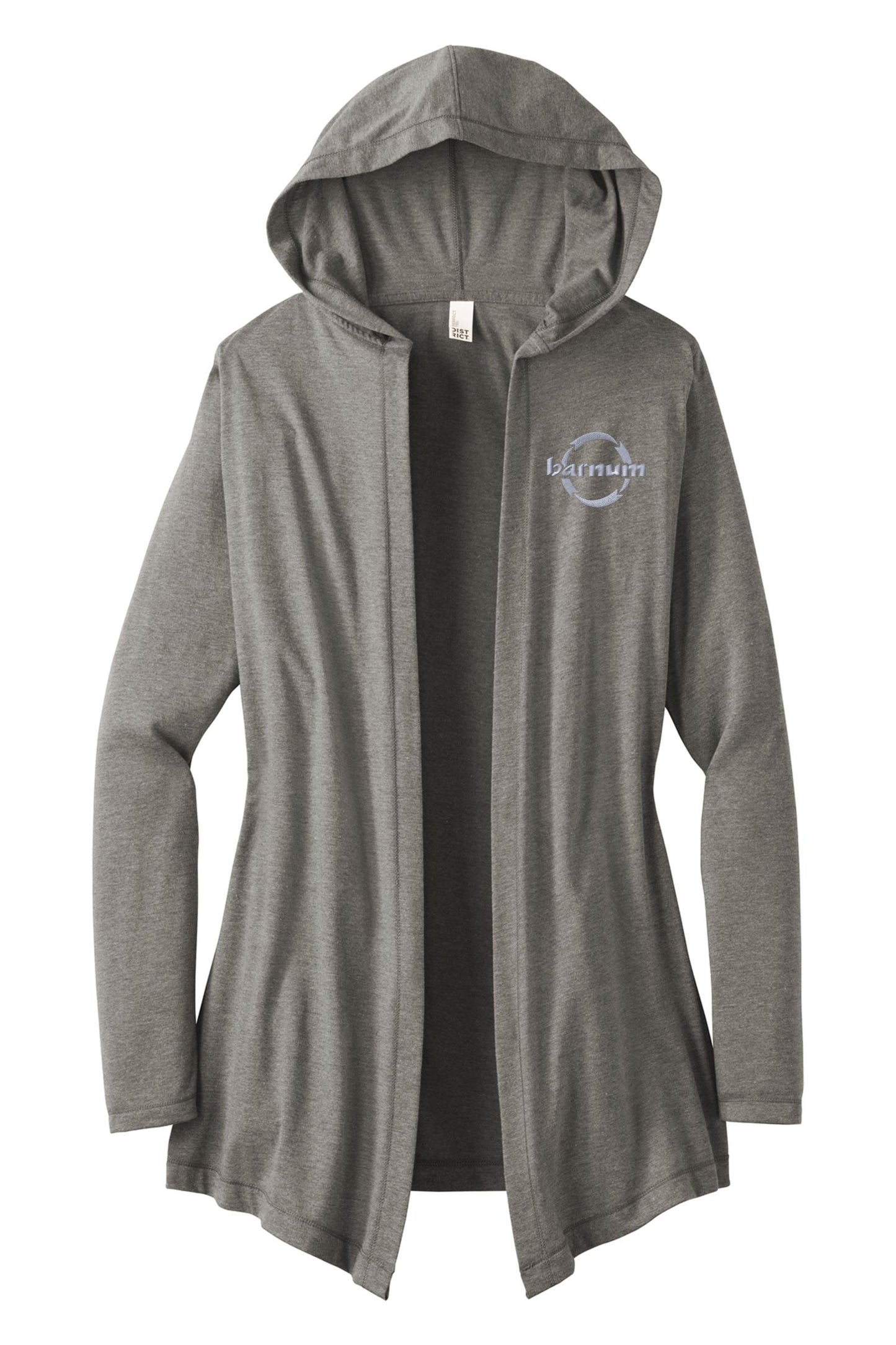 Gray hoodie with an open front and a logo on the chest