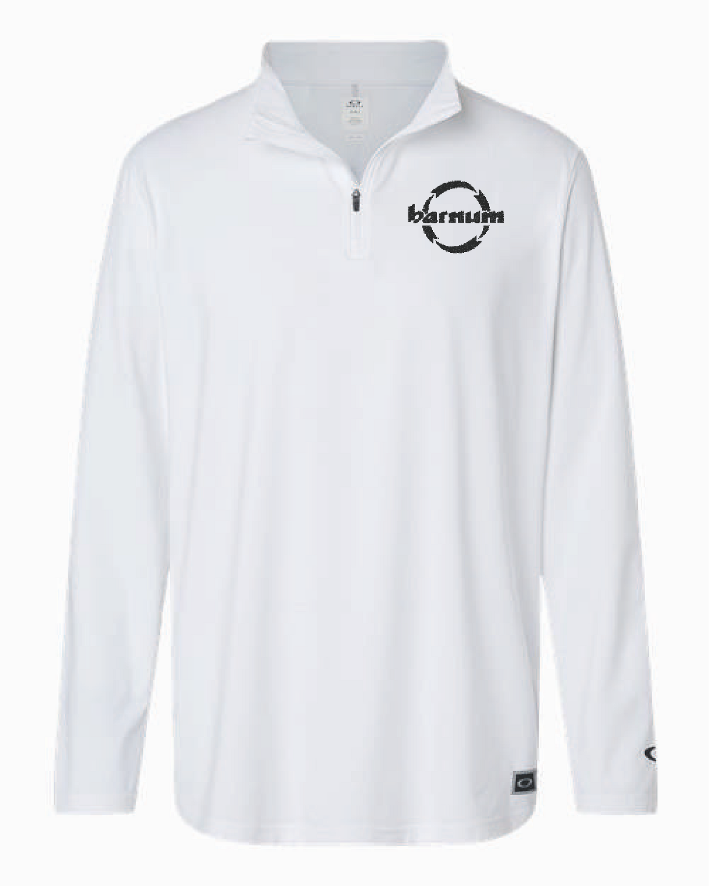 White long-sleeve shirt with a quarter-zip and logo on the chest.