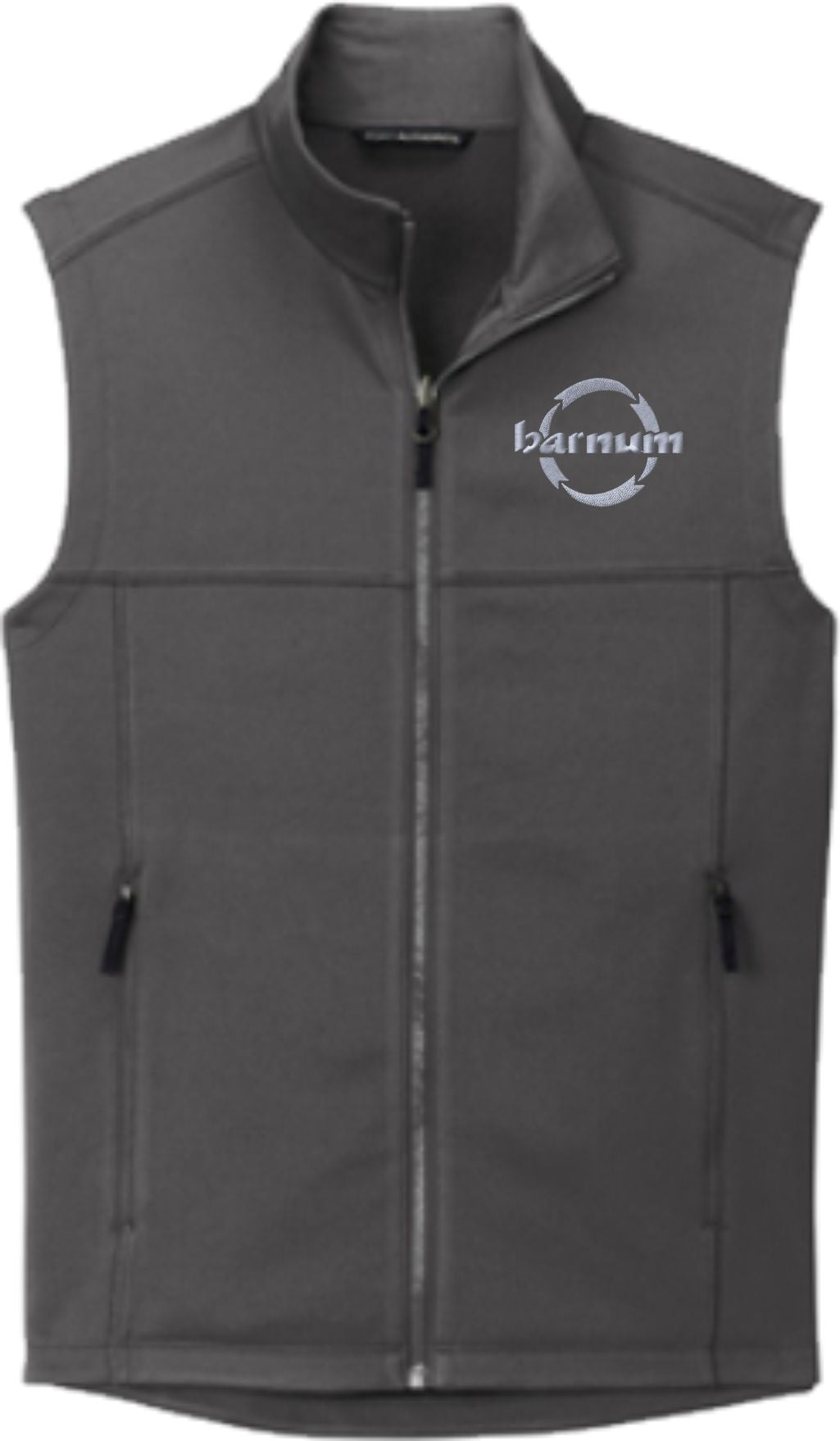 Gray vest with a front zipper and a logo that reads 'barnum'.