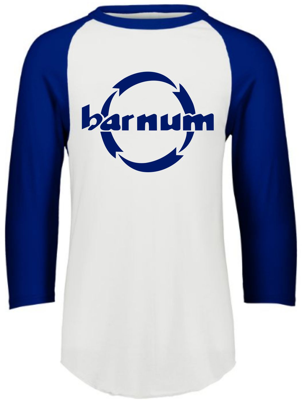 White and blue raglan t-shirt featuring the logo 'barnum' in blue