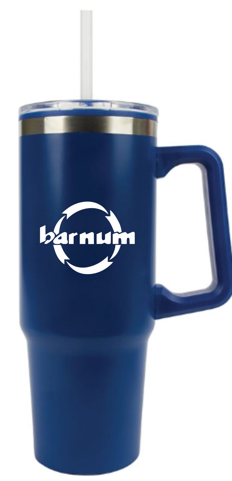 Blue travel mug with a straw and a logo that reads 'barnum'.