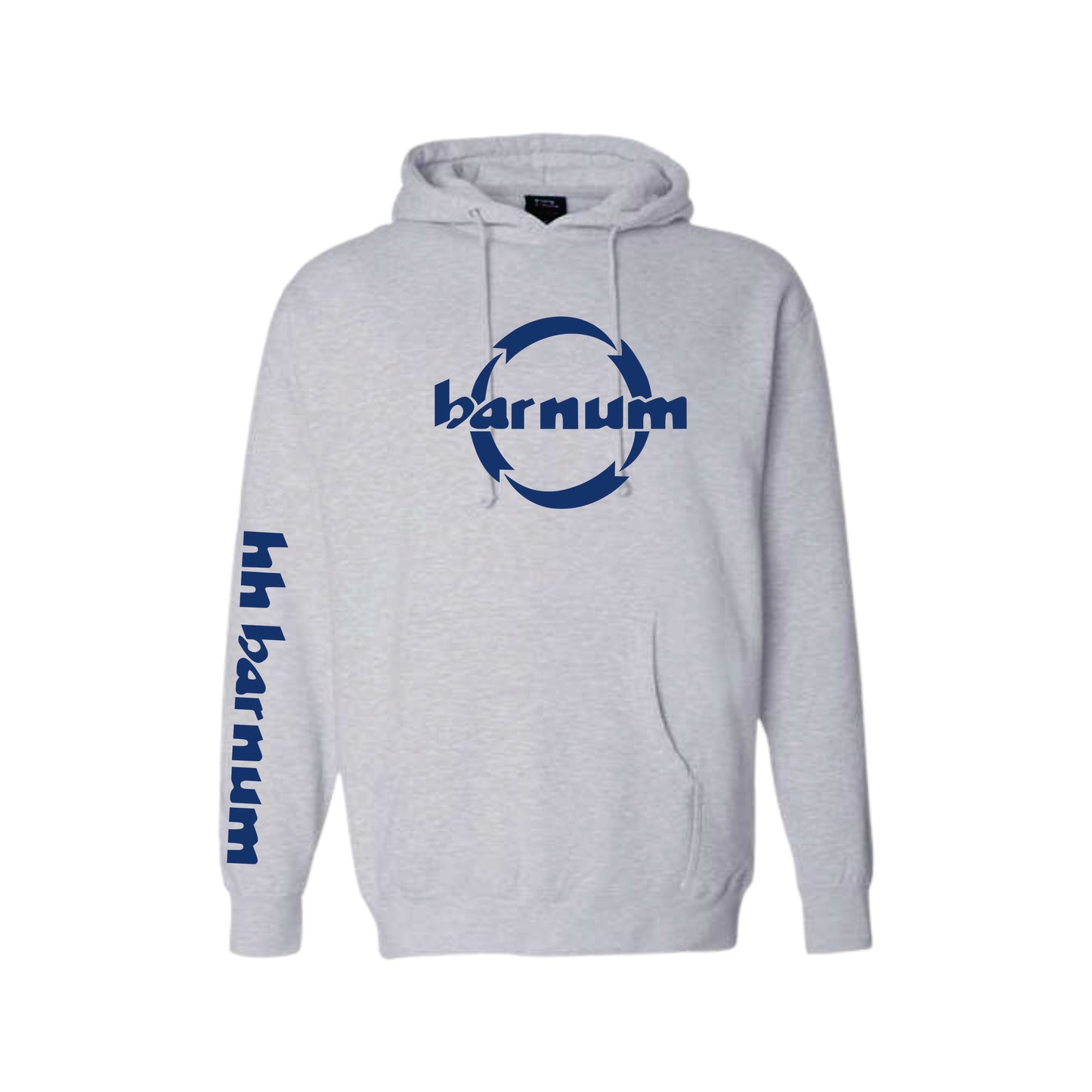 Gray hoodie with 'barnum' logo on the front and sleeve