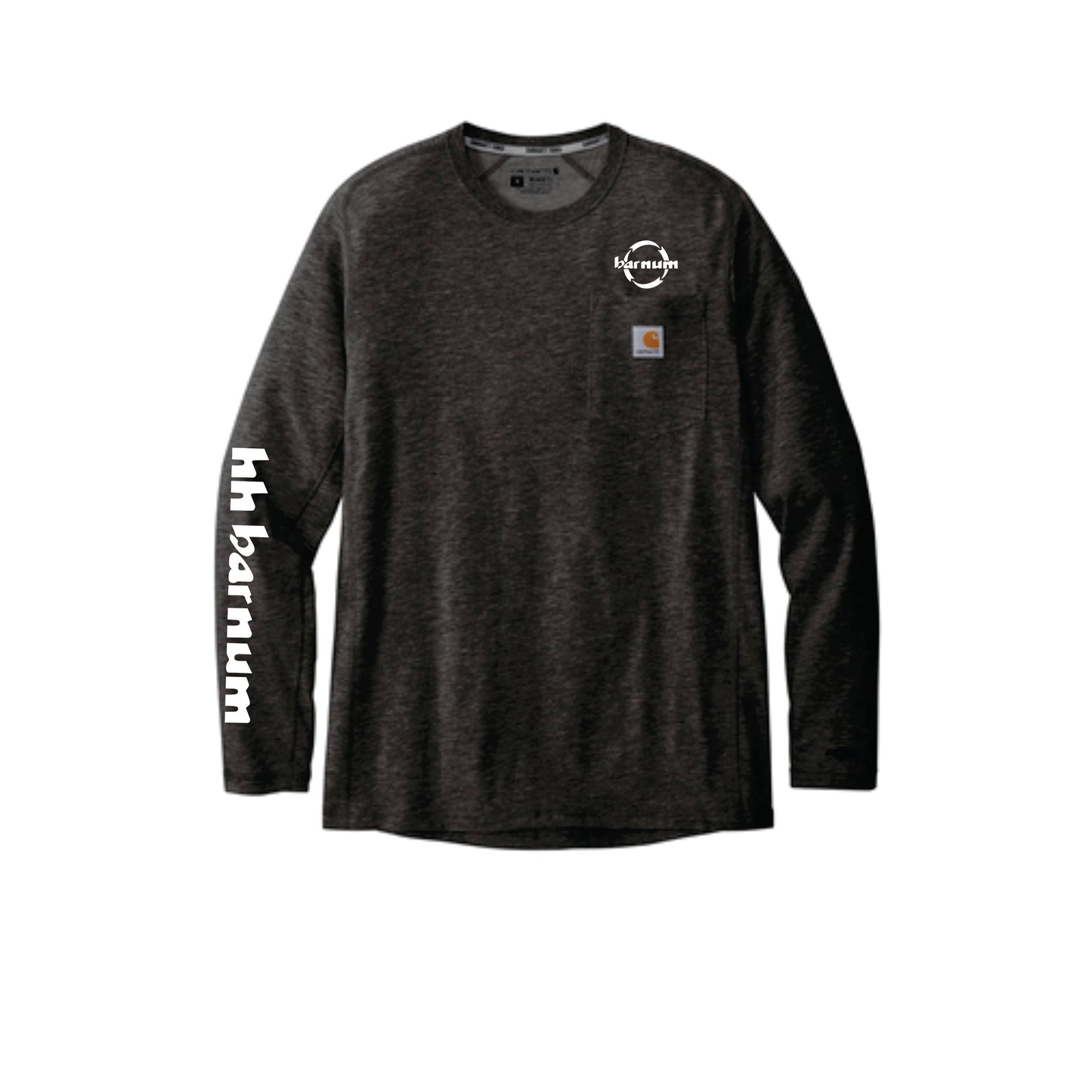Black long-sleeve shirt with a logo and text on the sleeve
