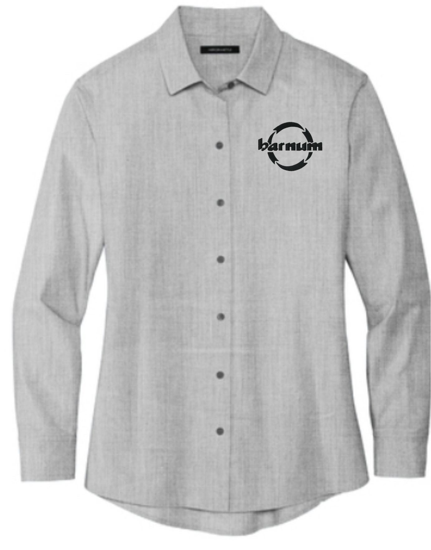 Gray long-sleeve button-up shirt with a logo on the chest