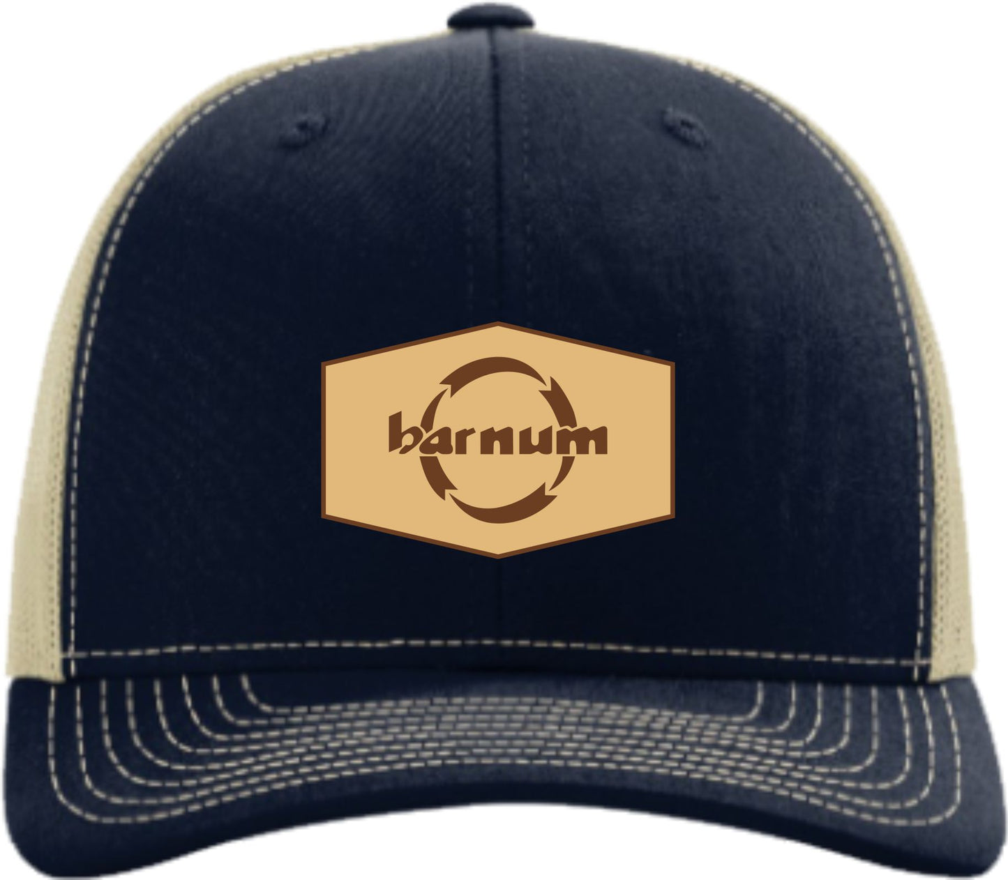 Navy and tan baseball cap with a hexagon logo featuring the word 'barnum'.