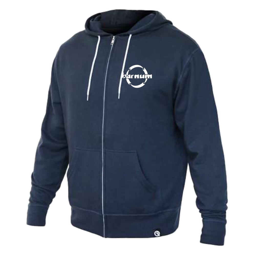 Navy blue zip-up hoodie with a front pocket and logo on the chest.