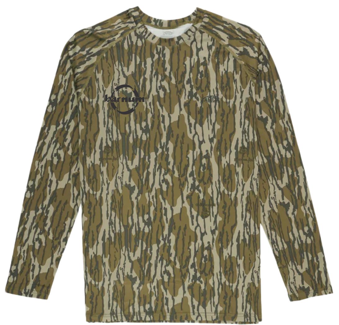 Long-sleeve camouflage shirt with a textured pattern.