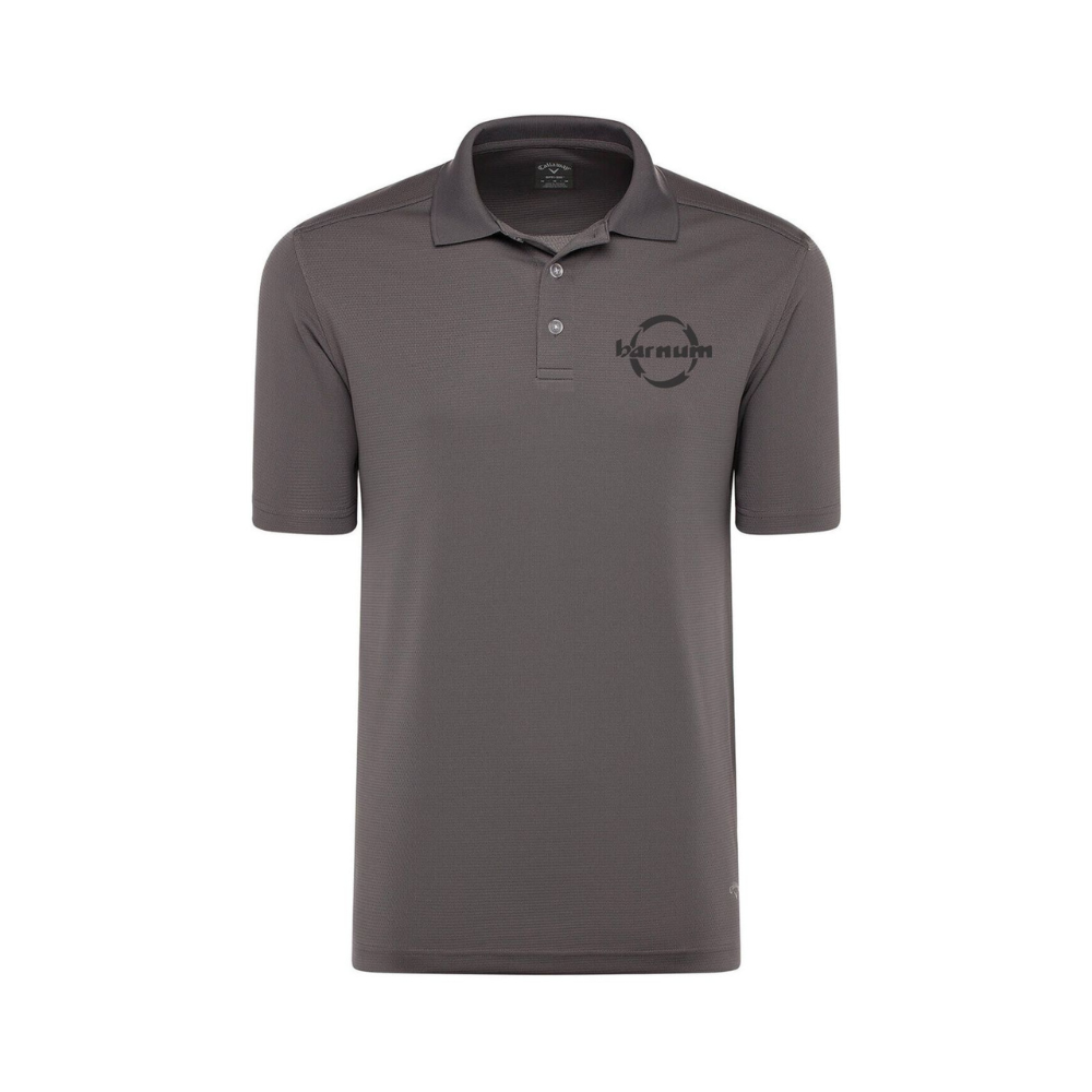 Gray polo shirt with a logo on the chest