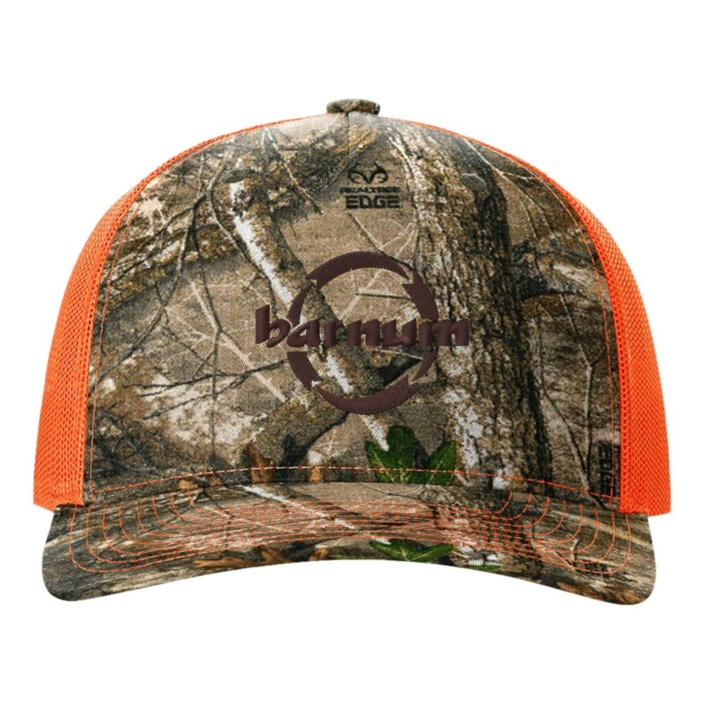 Camouflage cap with an orange mesh back and a logo on the front.
