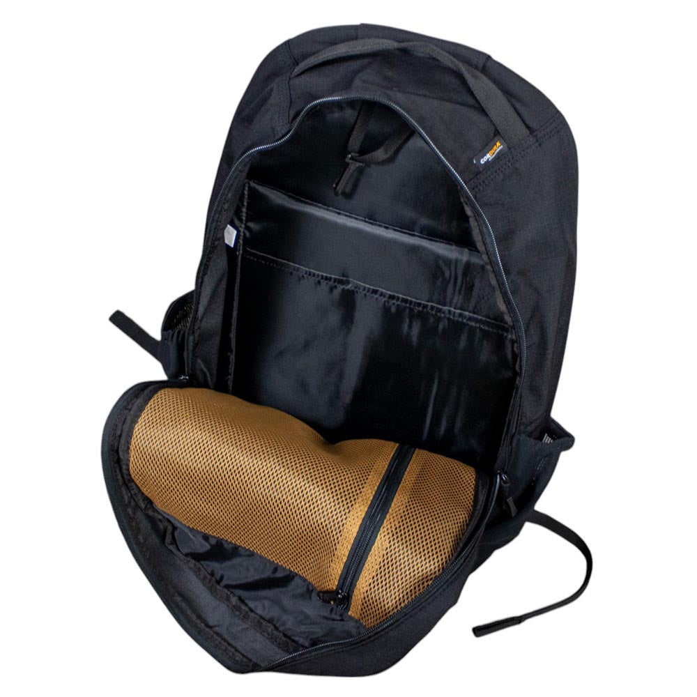 the inside of the main compartment of a black backpack with a brown mesh interior and laptop pocket.