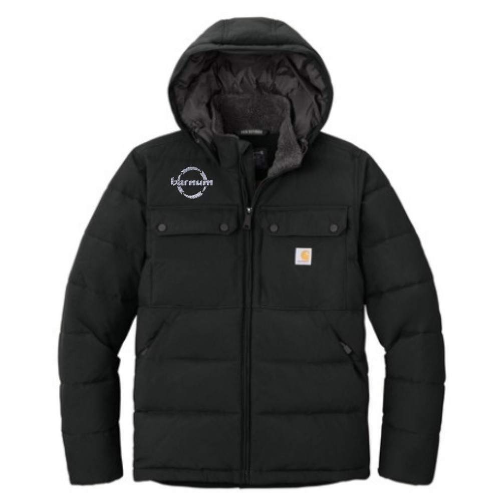 Black puffer jacket with a hood and the barnum logo sewn on the right chest.