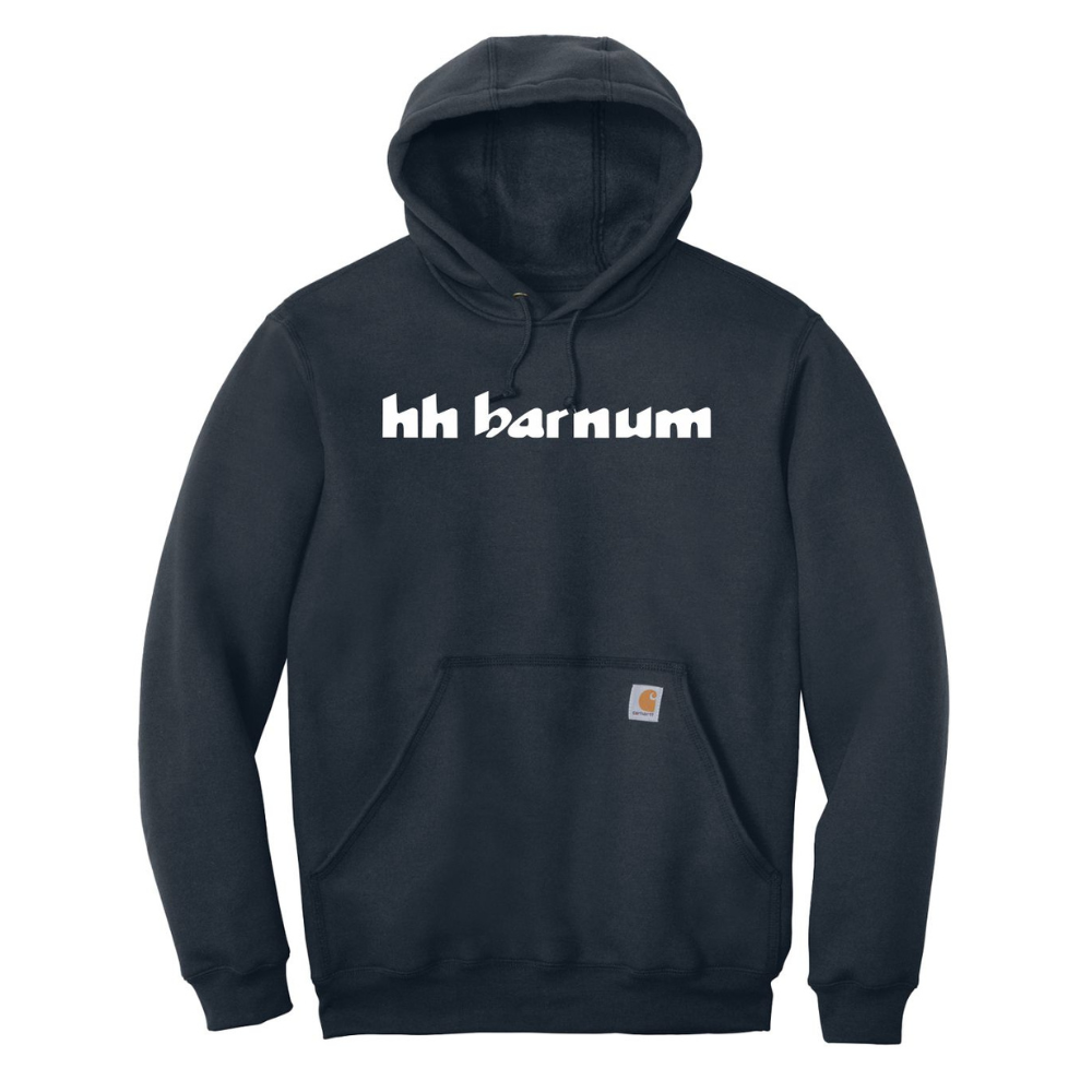 Navy hoodie with 'hh barnum' printed in white