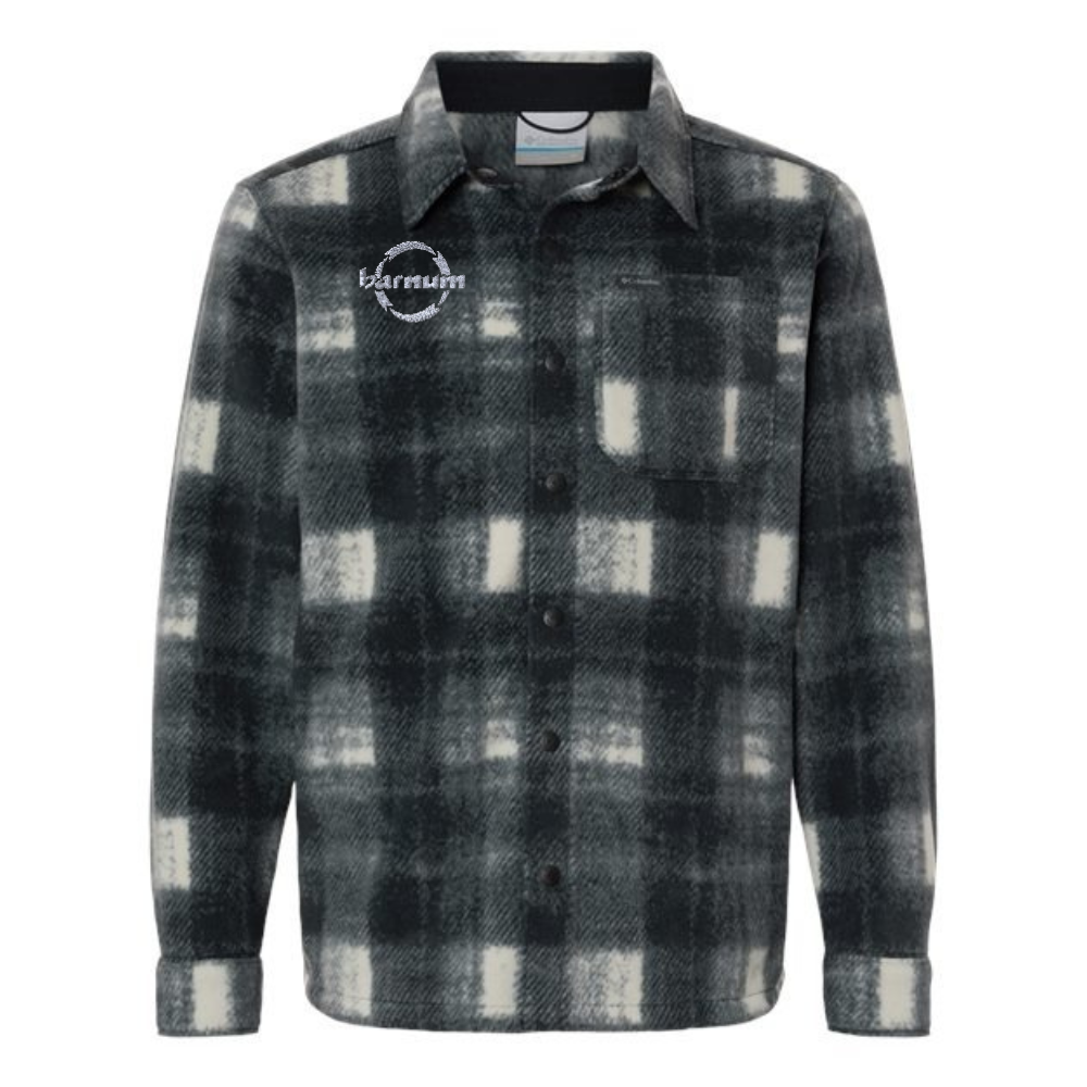Black and white plaid shirt jacket with a barnum logo on the right chest.