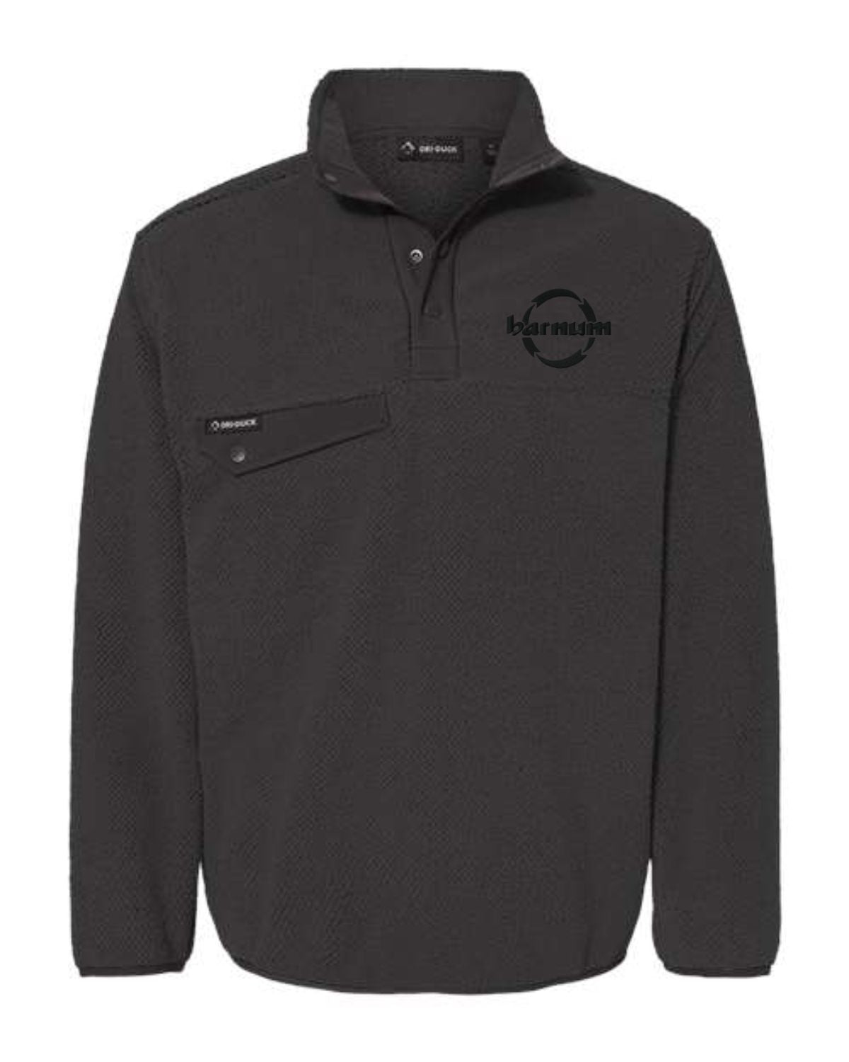 Dark gray pullover fleece with a half zipper and logo on the chest.