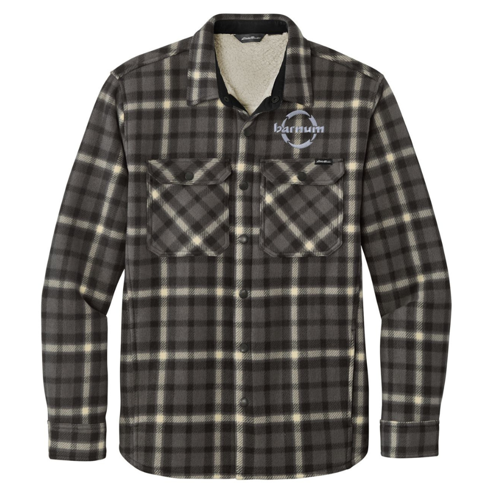 Black and white plaid long-sleeve shirt with two chest pockets.