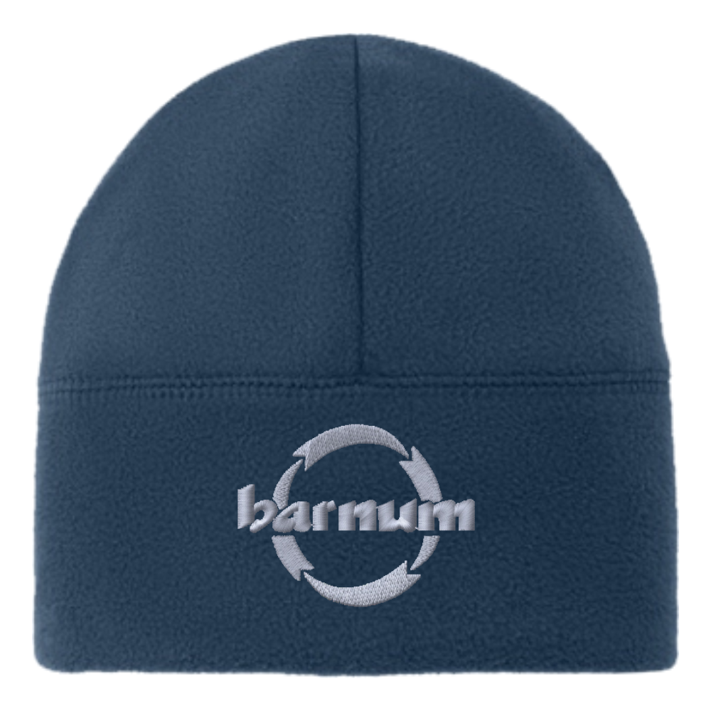 Navy blue fleece beanie with a gray 'barnum' logo sewn above the edge.